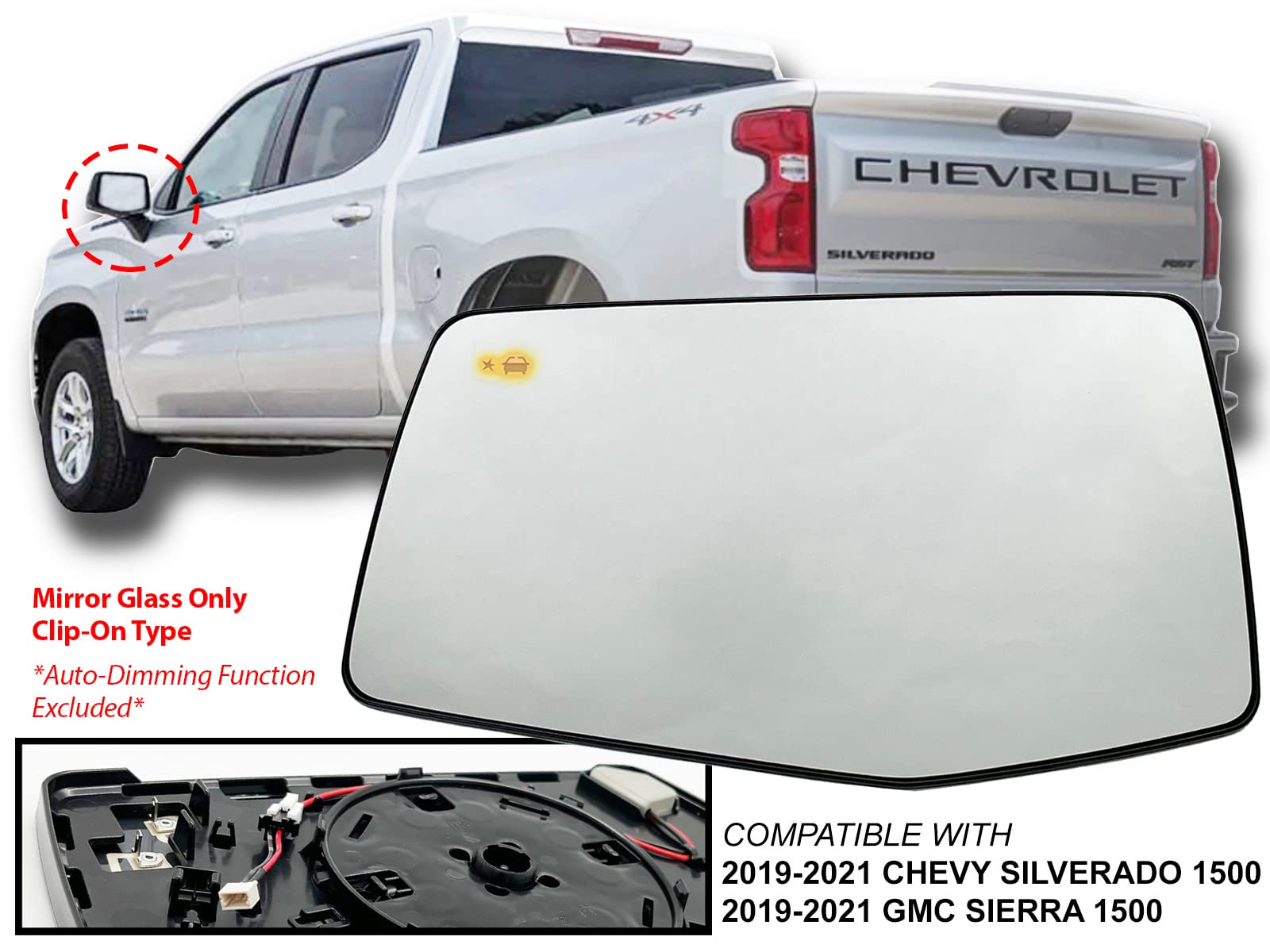 APA Replacement for Mirror Glass Power Heated with Blind Spot Detection 2019 2020 2021 SILVERADO SIERRA 1500 Driver Left Side 84