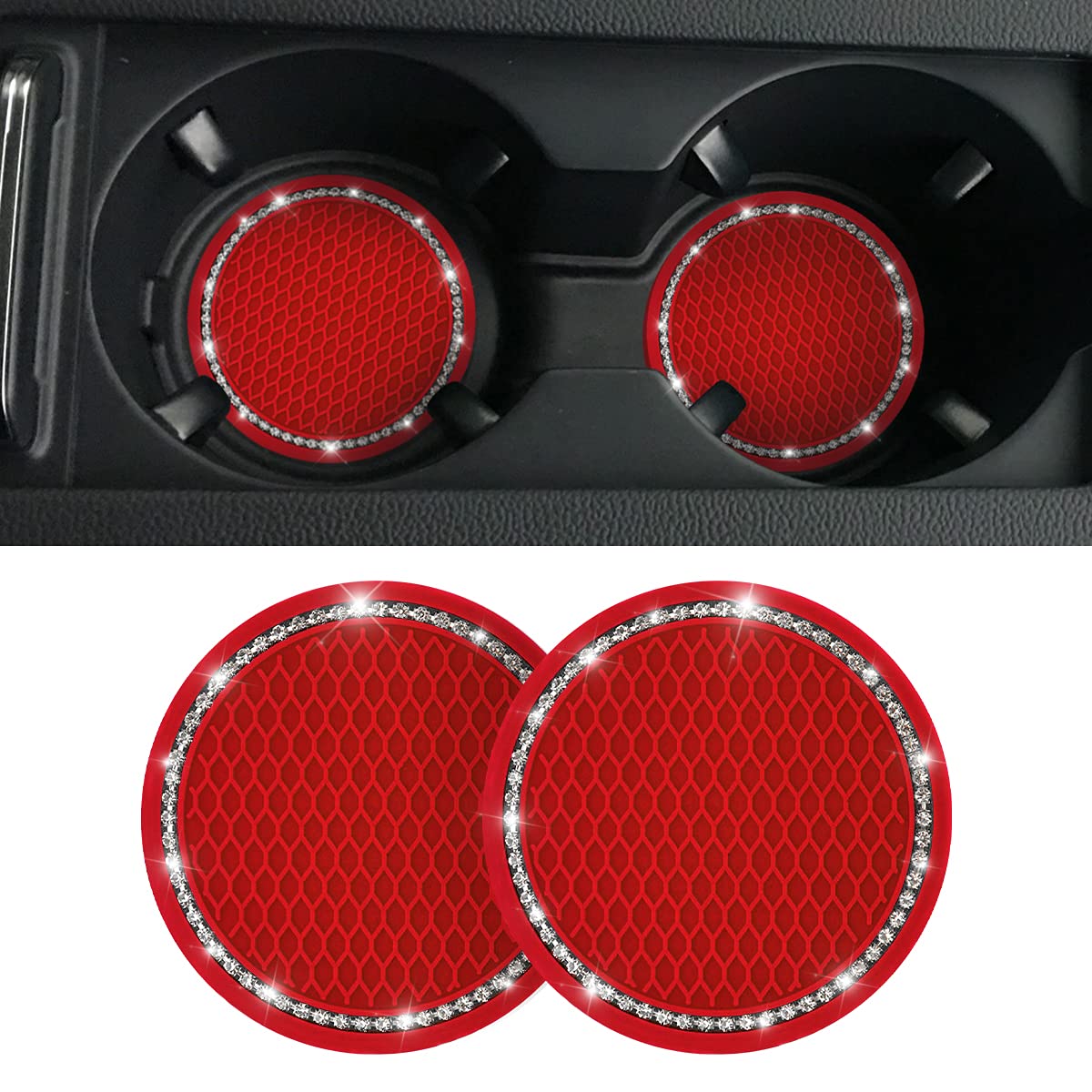 2Pcs Universal Bling Car Cup Coaster,Rhinestone Car Accessories 2.75 Inch Car Cup Holder Insert Mat Pad Set,Suitable For Most Car Interior (Red/White)