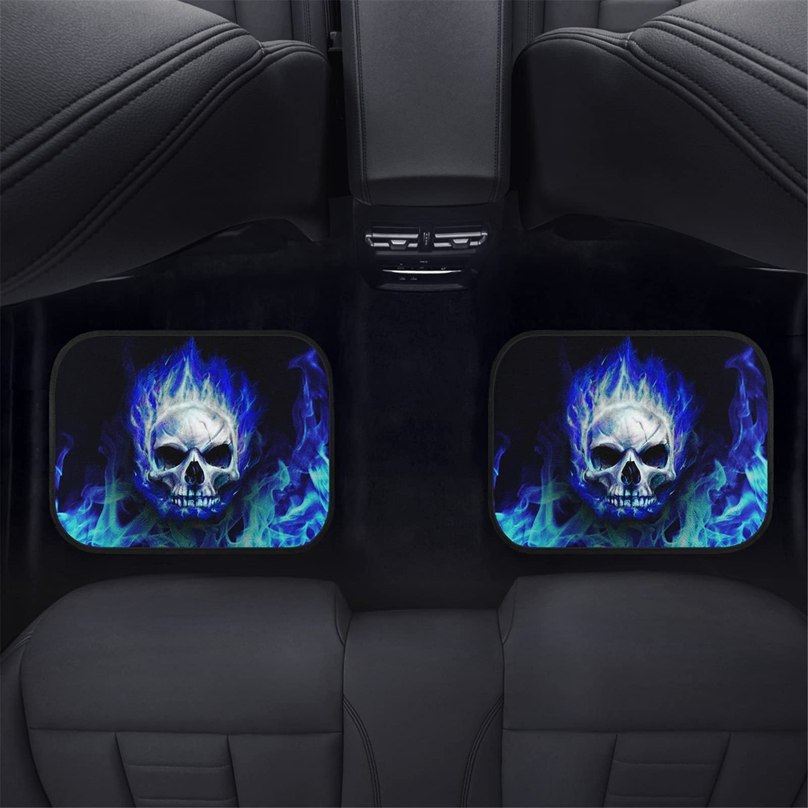 Biyejit Blue Fire Skull Car Floor Mats Set of 4 for Front Rear Seats, Heavy Duty Rubber Backing Universal Fit,SUV Interior Acces