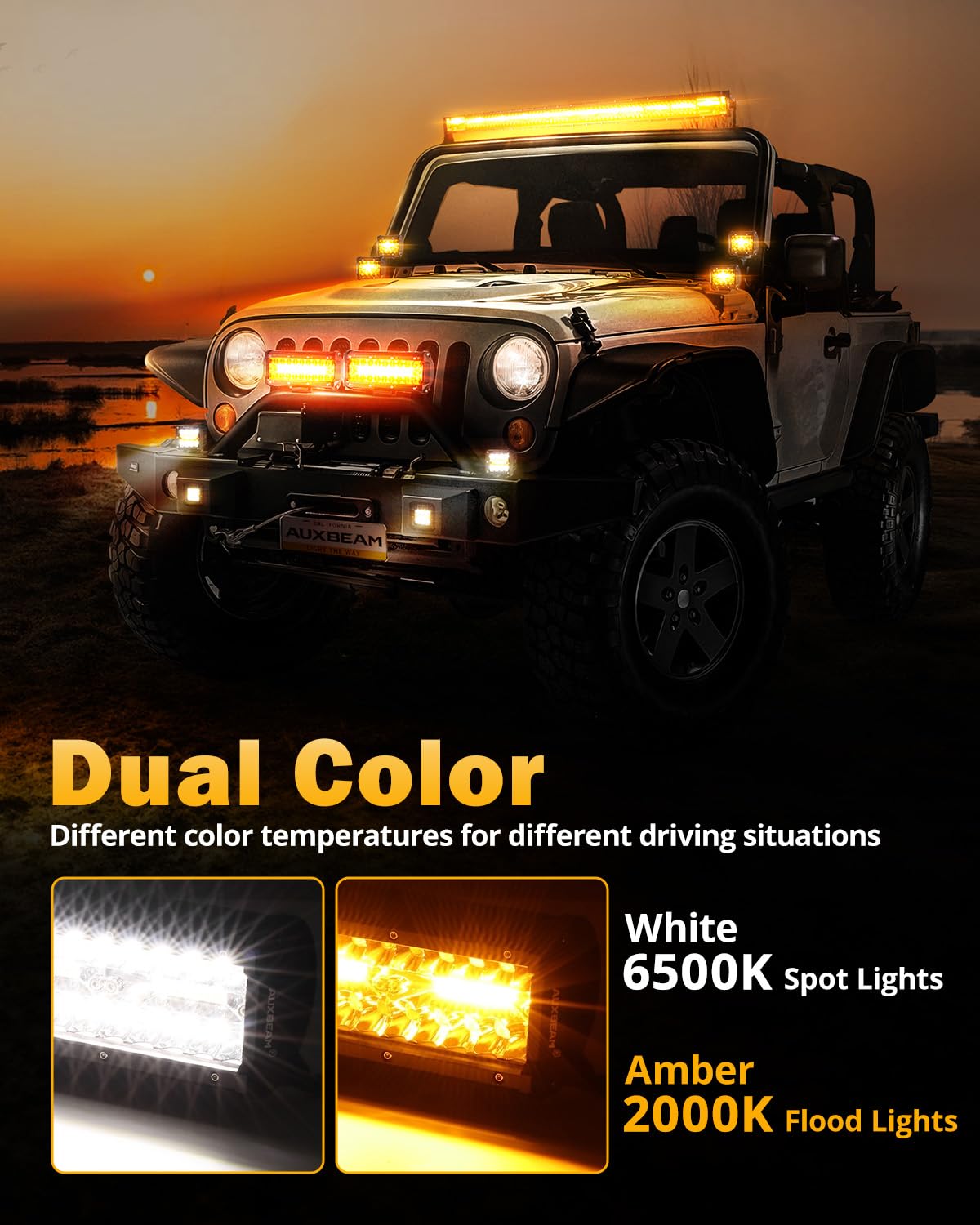 Auxbeam 6 Modes Amber White Series, 4'' Led Pods With 20'' Led Light Bar Combo Set, Dual Color Strobe Flash/Warning/Signal Spot