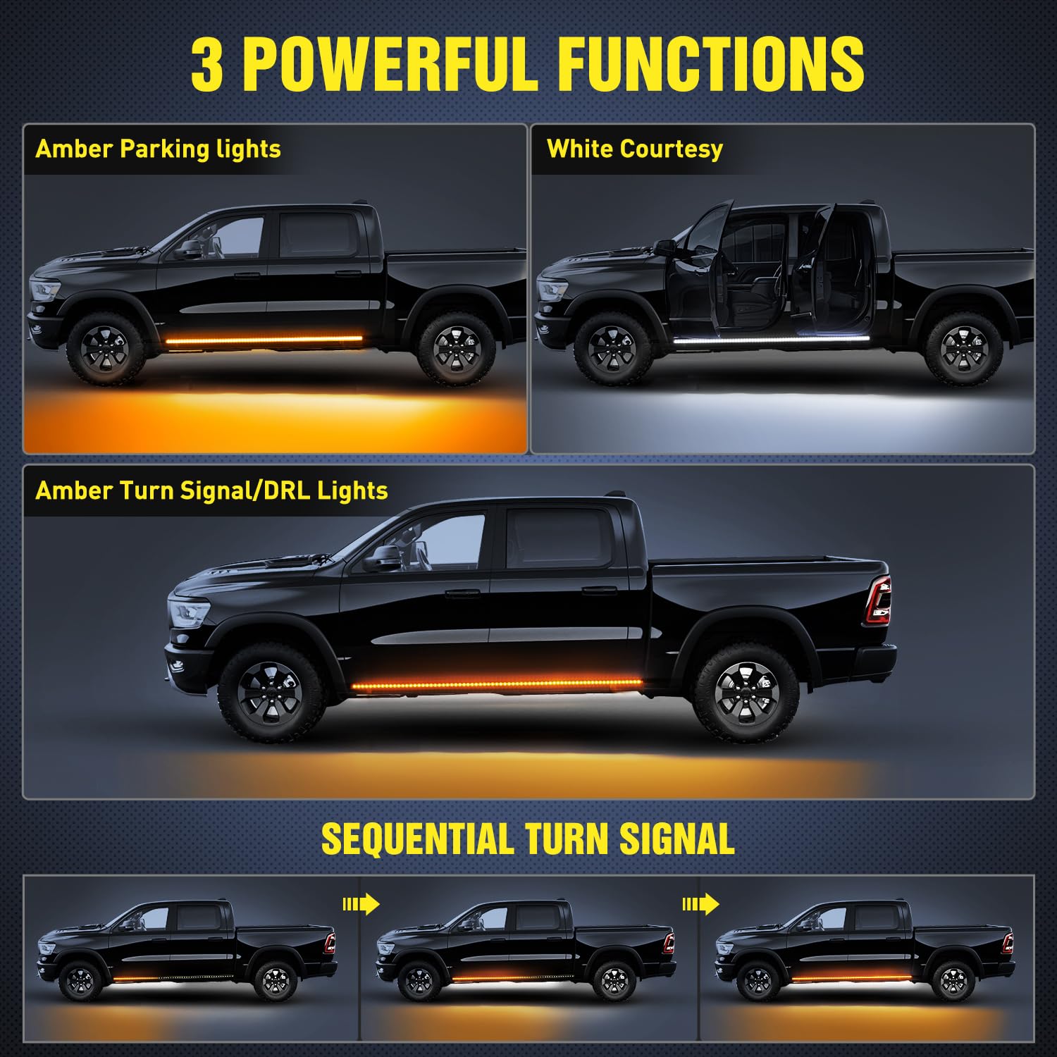 Nilight Truck Running Board Lights 2Pcs 60 Inch Led Side Maker White Courtesy Light & Sequential Amber Turn Signal Lighting Stri
