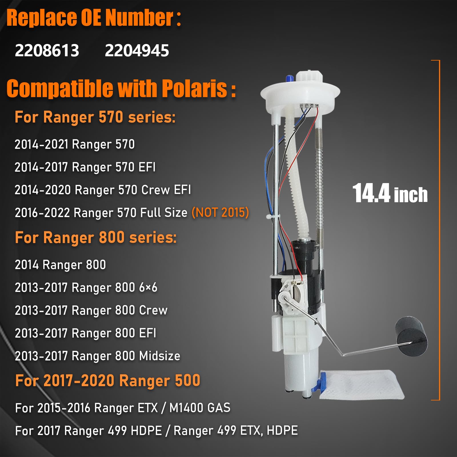 2208613 2204945 Fuel Pump Assembly Replacement Compatible with Polaris Ranger 500 570 800 499 EFI ETX Crew 6x6 2013-2015 2016 20