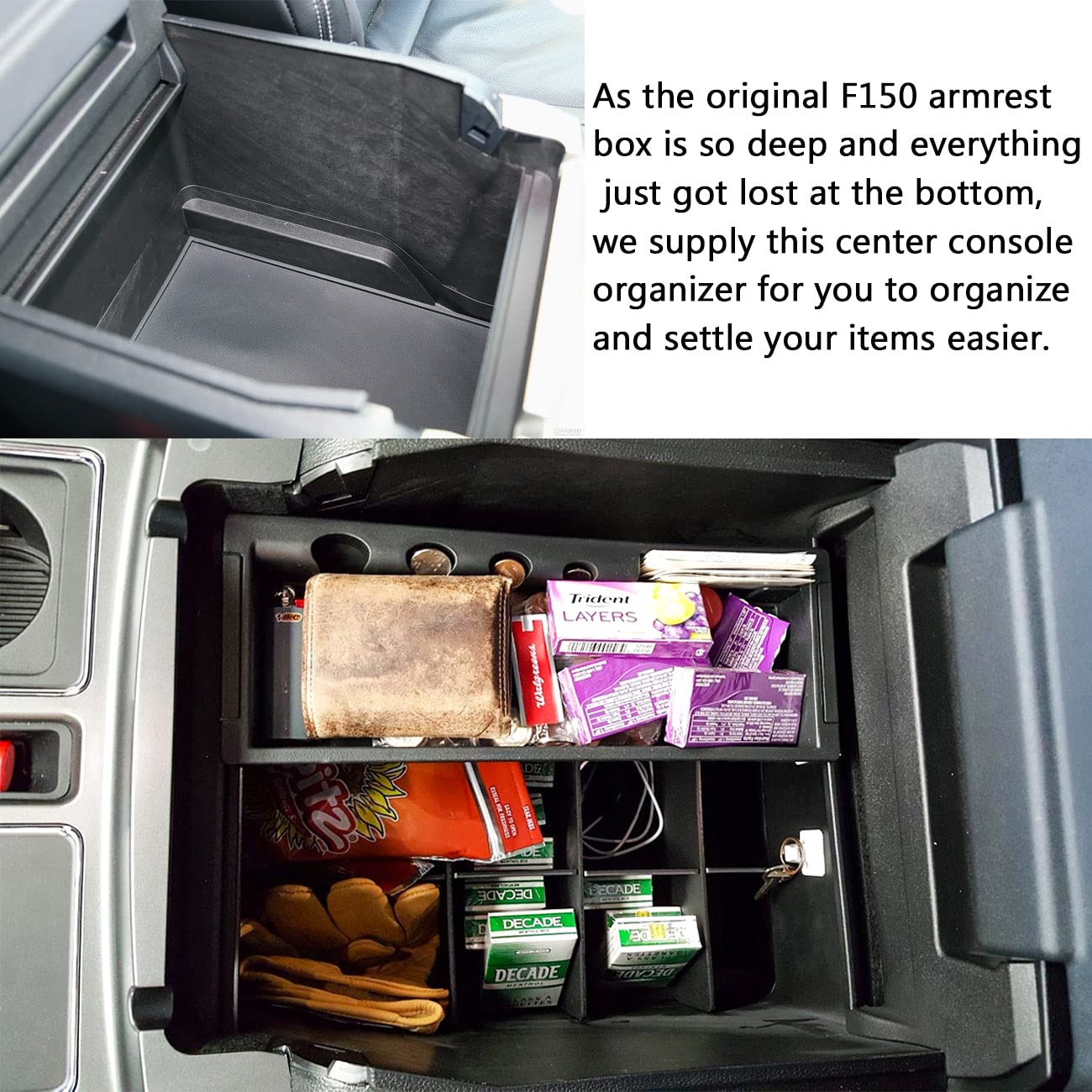 Tacobro Center Console Organizer Dividers Compatible With 2015-2018 2019 2020 Ford F150 Accessories Black Abs Plastic Armrest Box Insert Secondary Storage, Full Console W/Bucket Seats Only