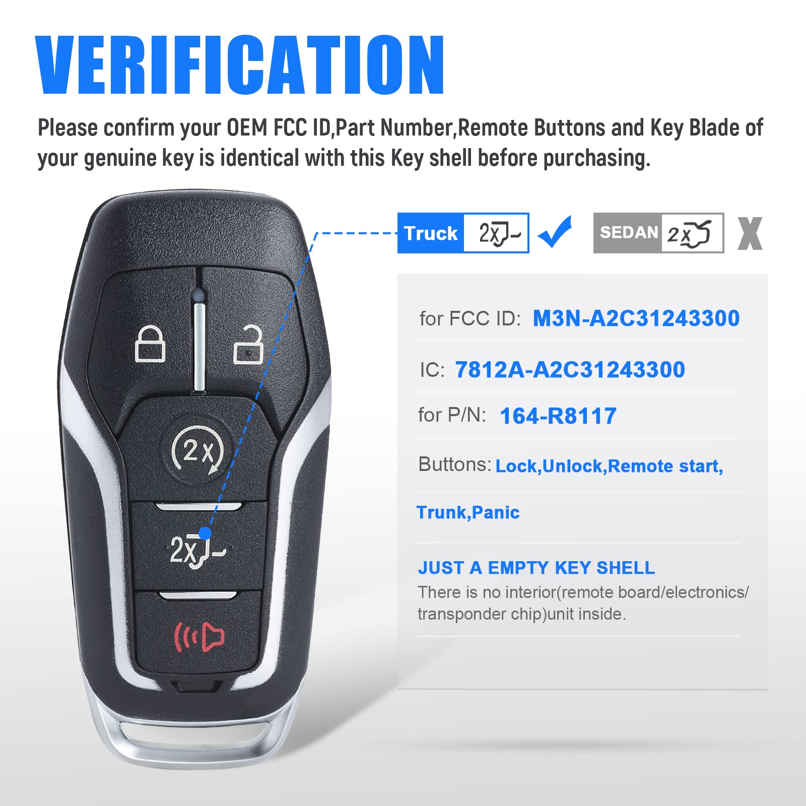 Keymall Remote Key Fob Case Shell for Ford F150/F250 2015-2017, 5 Buttons, FCC ID: M3N-A2C31243300, Key Shell Cover