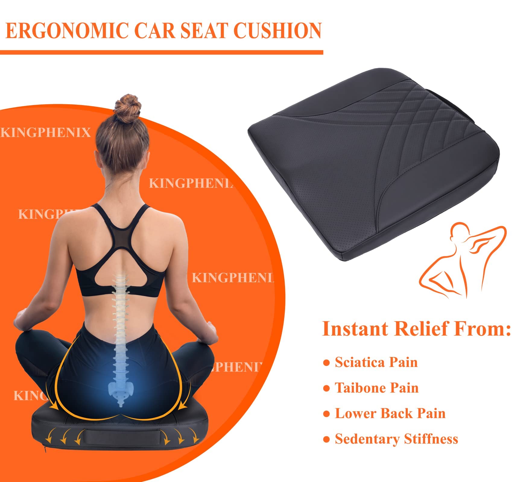 kingphenix Memory Foam Car Seat Cushion - Black, 18x17x2.5, Coccyx & Lower Back Pain Relief for Driver, Office Chair & Truck