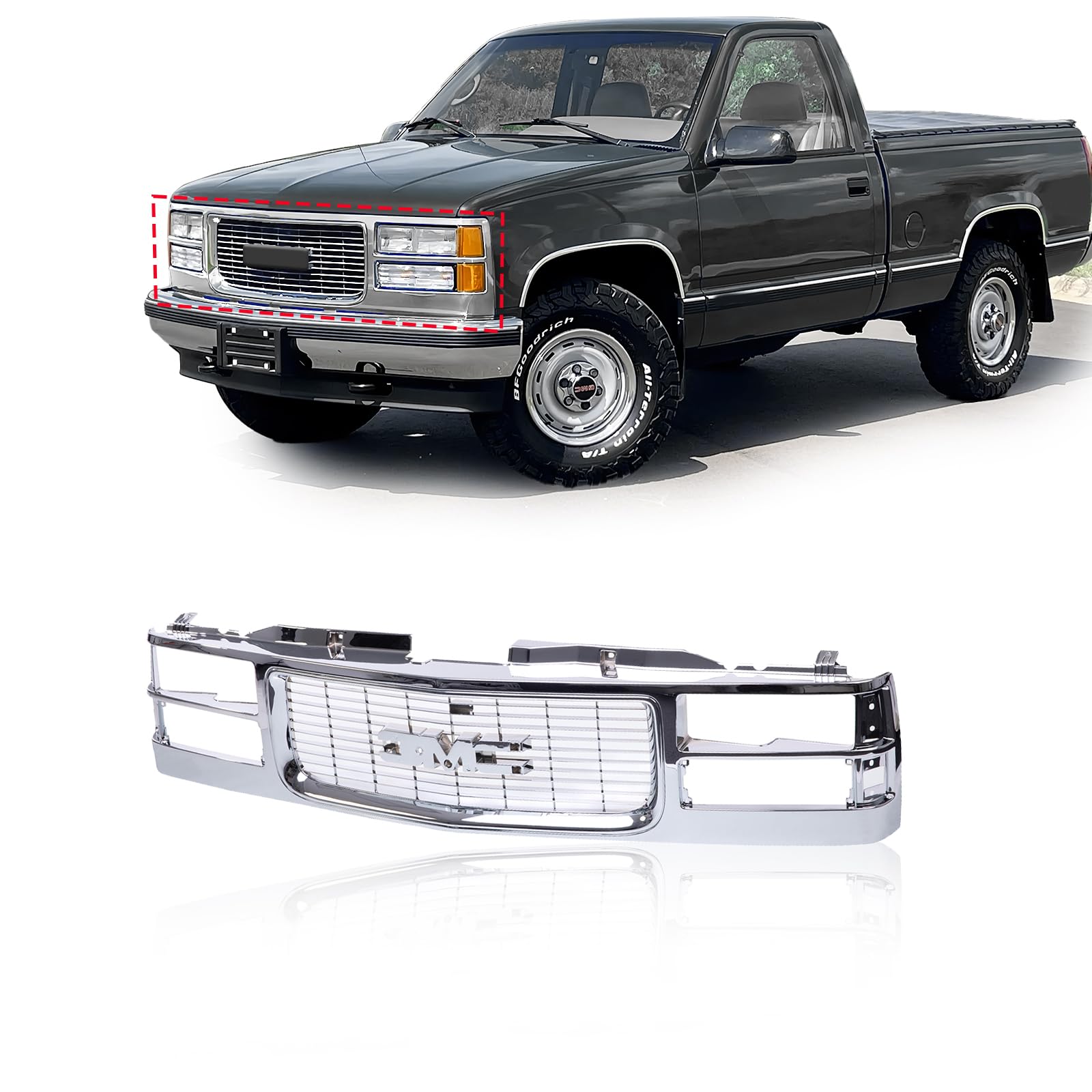 CarPartsDepot Front Grille Grill Chrome Compatible With 1994-2000 GMC C/K 1500 2500 3500 Sierra Yukon GM1200448 With Dual Headli