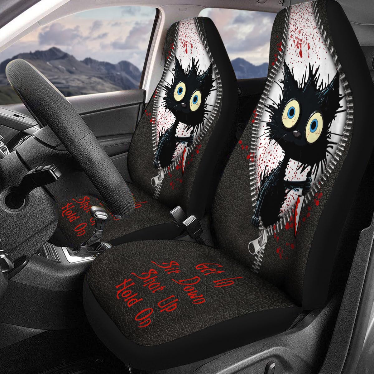 GENANY Funny Cute Evil Murder Black Cat Holding Knife 2 Front Car Seat Covers for Car Truck Sedan SUV, Durable Automotive Seat C