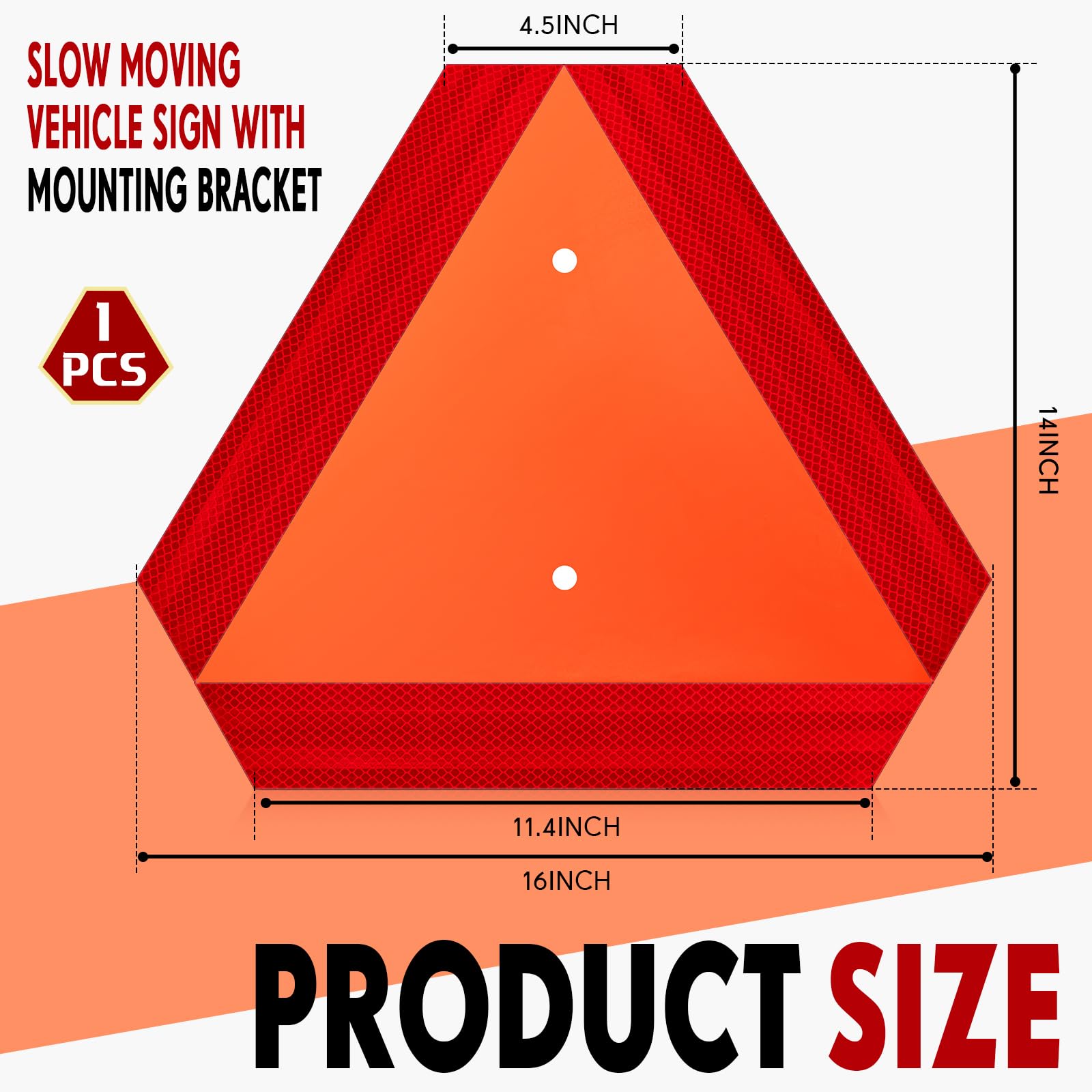 Yaocom 1 Set Slow Moving Vehicle Sign with Mounting Bracket 14 x 16 Inch Slow Moving Vehicle Triangle Sign Aluminum Warning Tria