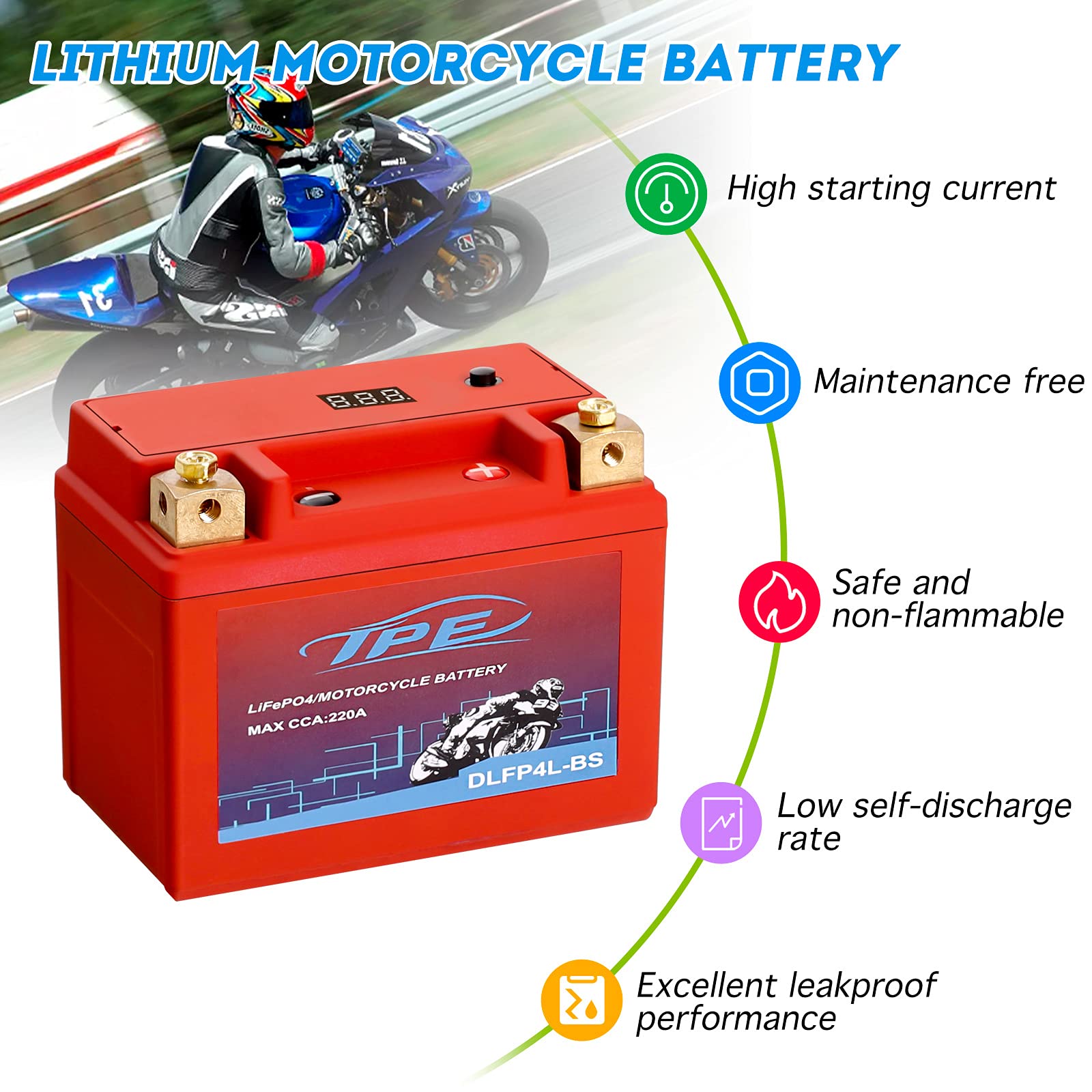 Tpe Lithium Motorcycle Powersport Battery Lifepo4 Engine Start Battery 12.8V 2Ah 220Cca With Bms (Smart Battery Management Syste