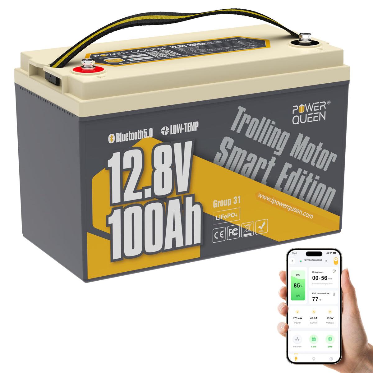 Power Queen 12V 100Ah Group 31 Battery Bluetooth 5.0, Deep Cycle Lifepo4 Battery Max. Output Power 1280W, 100A Bms With Low-Temp