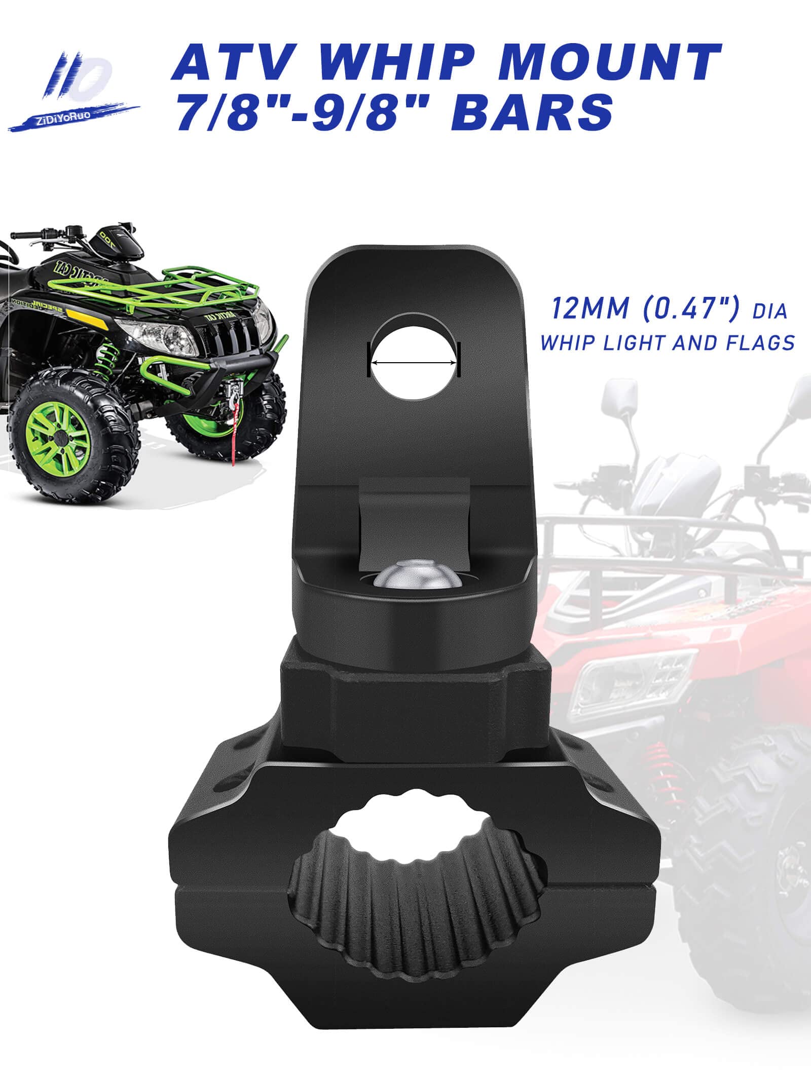 Zidiyoruo Whip Light Mounts For Atv, Quad Atv Light Mounts Fit 0.875'', 1'', 1.125'' Rack Bars And Bandlebars, Adjustable Atv Mo