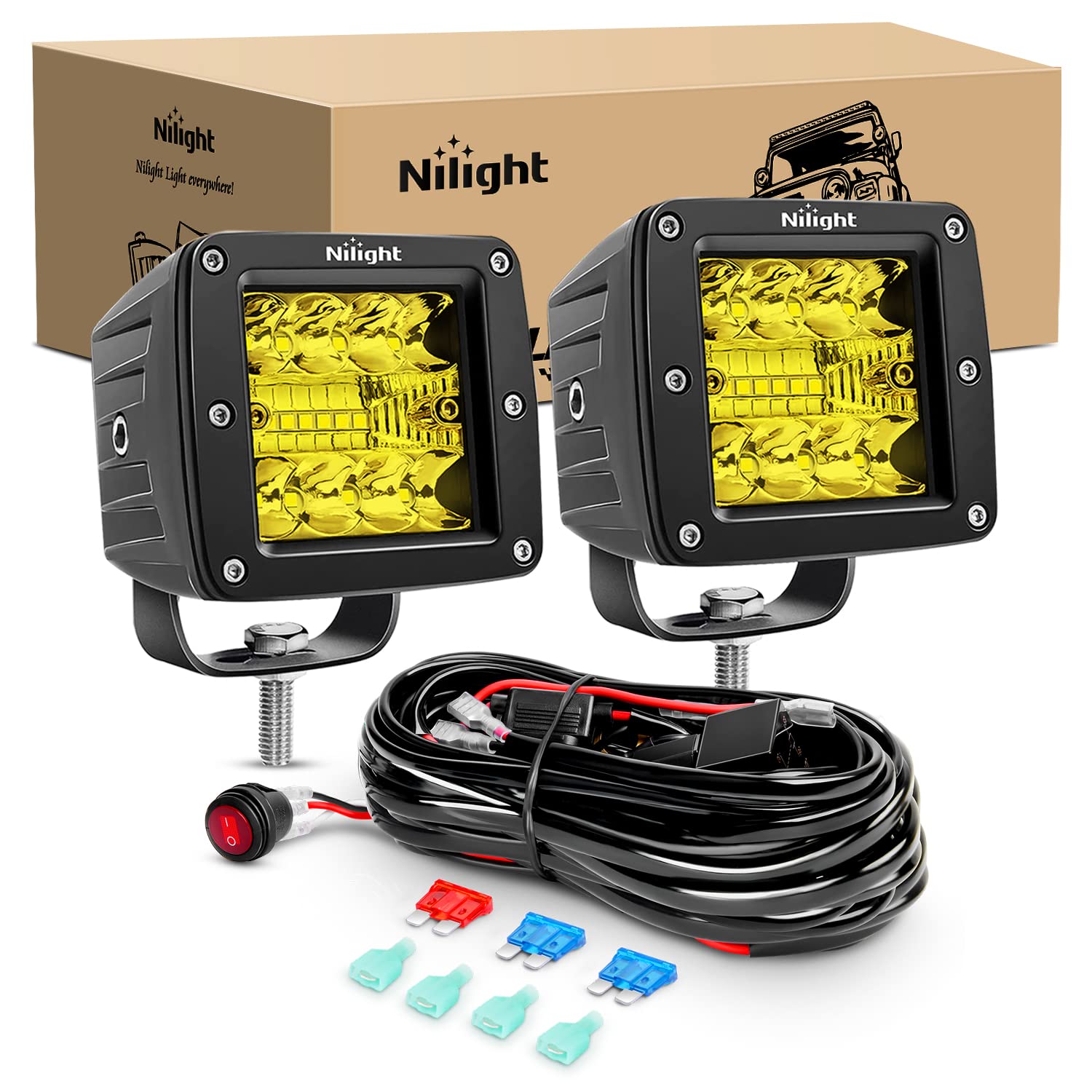 Nilight 2Pcs 3Inch Amber Led Pods 42W Led Cubes Upgraded Spot Flood Combo Driving Backup Light Reverse Light With Off Road Wirin