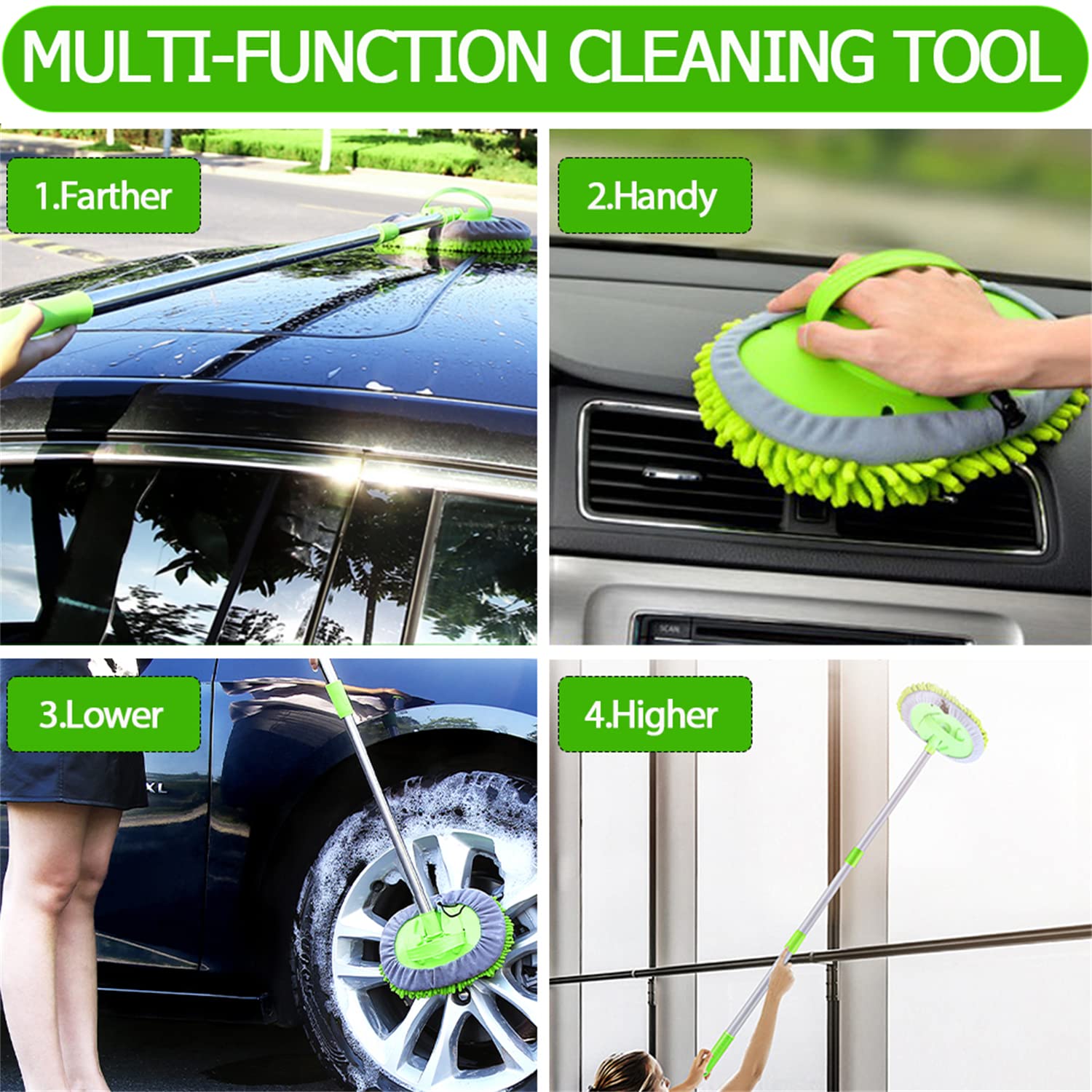 WillingHeart 47.5 Car Wash Brush Mop - Long Handle Microfiber Tool for Cars, Trucks, SUVs, RVs, Boats - Scratch-Free Cleaning, Green