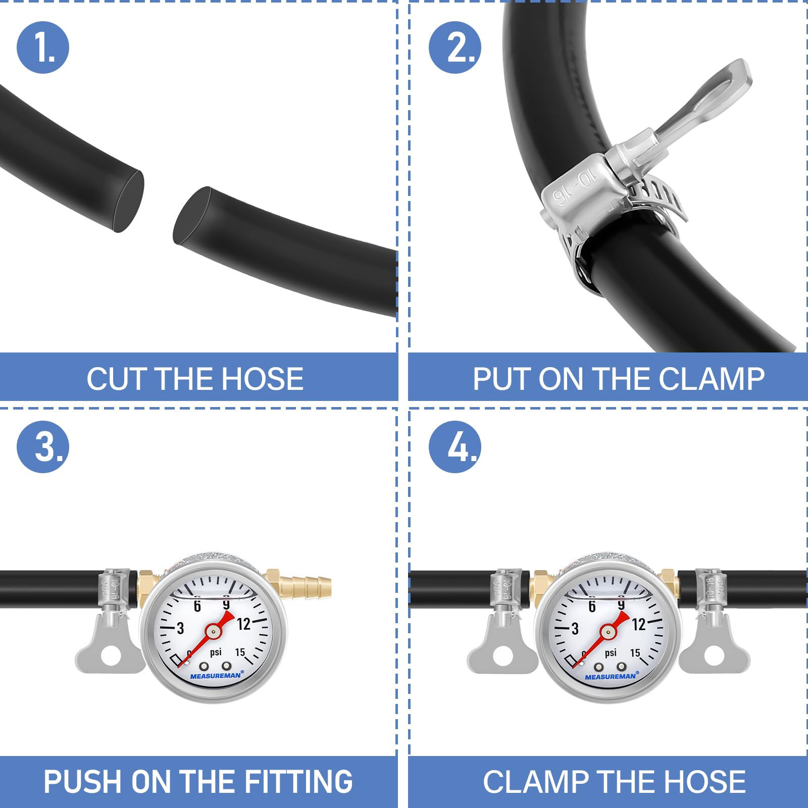 Measureman Fuel Pressure Gauge Kit 0-15Psi Stainless Steel Glycerin Filled, 1-1/2'' Dial Size, With 5/16'' Fuel Line Fuel Pressu