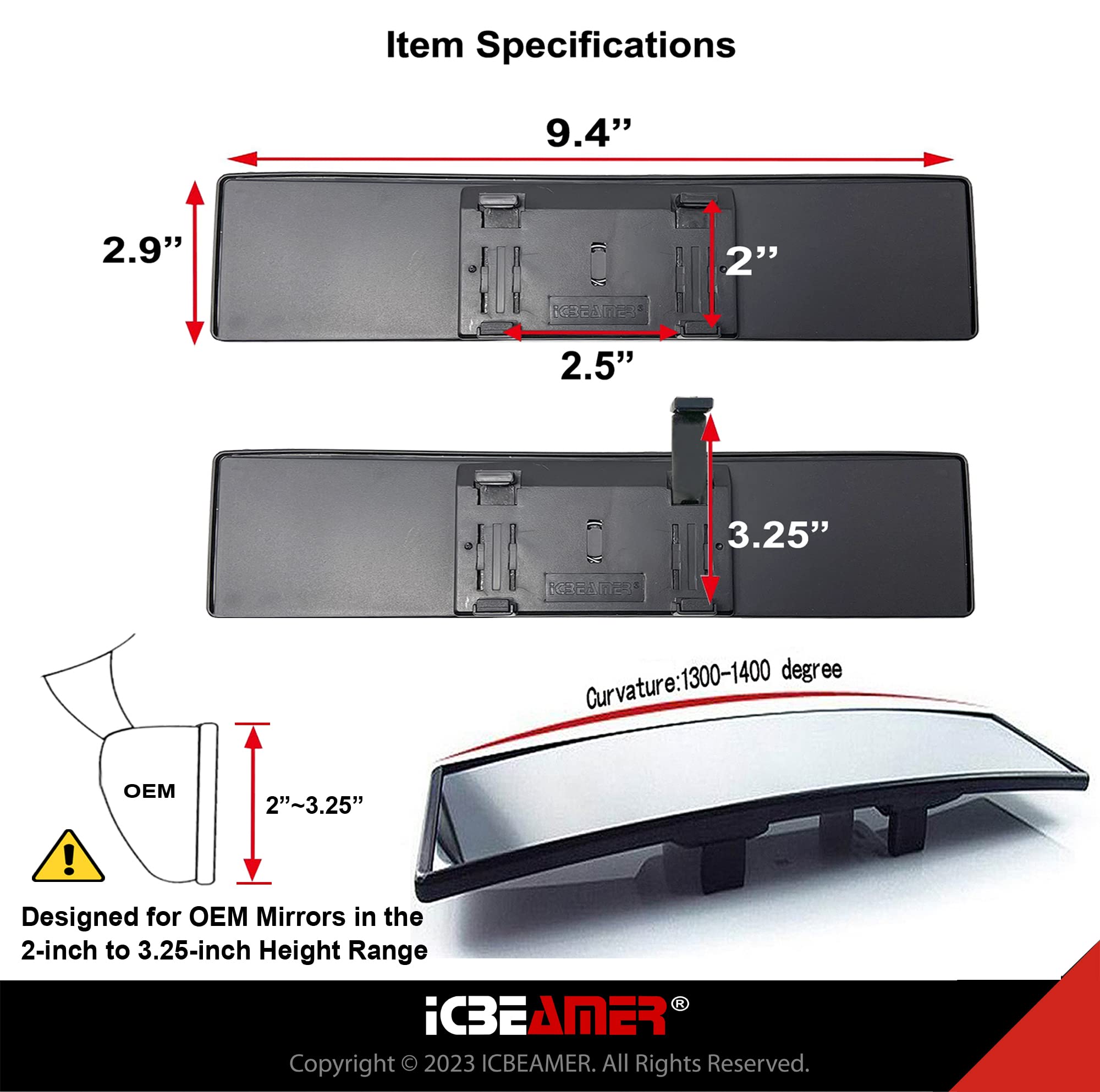 Icbeamer 9.5'' Car Rear View Mirror, Clear Convex Surface, 240Mm Panoramic Wide Angle Blindspot Mirror For Car Accessories,Rubbe
