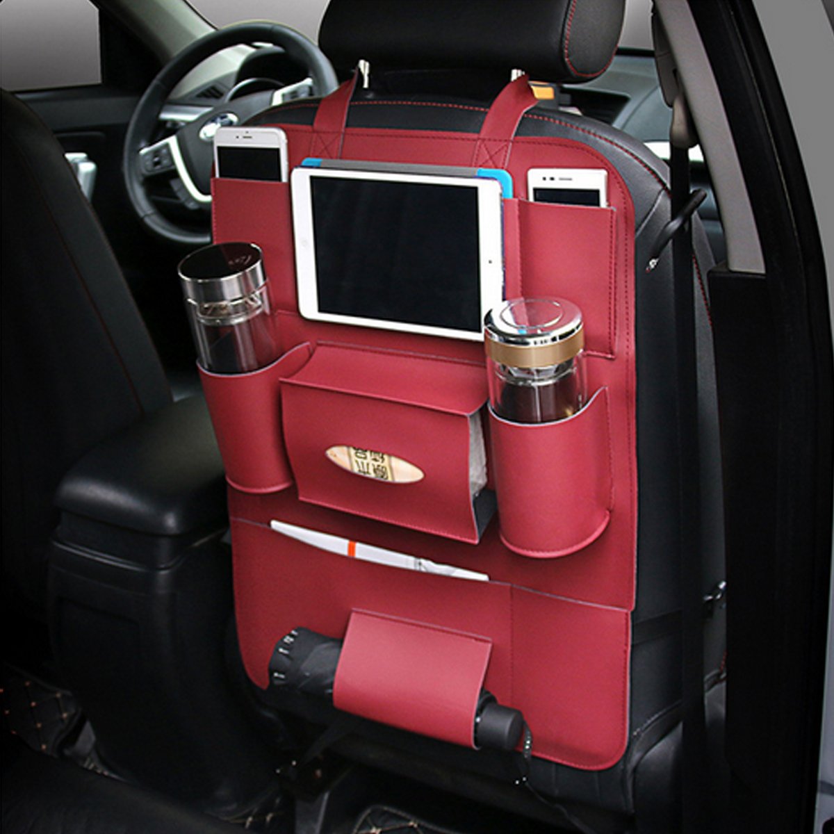 Spedy MultiFunctional PU Leather Car Back Seat Storage Bag Multi Pocket Phone Cup Holder Organizer  Red