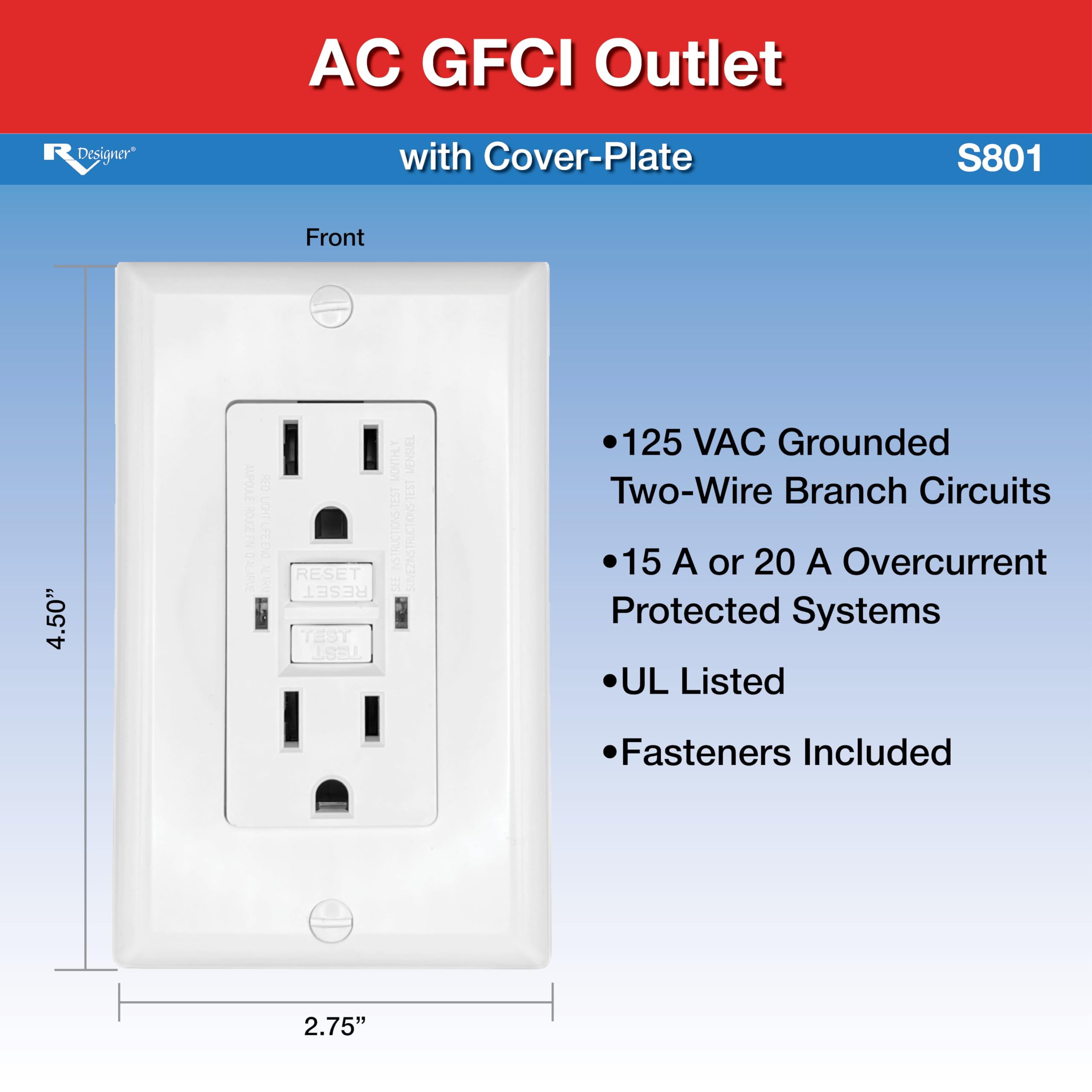 Rv Designer S801, Dual Gfci Outlet With Cover Plate, White, Ac Electrical