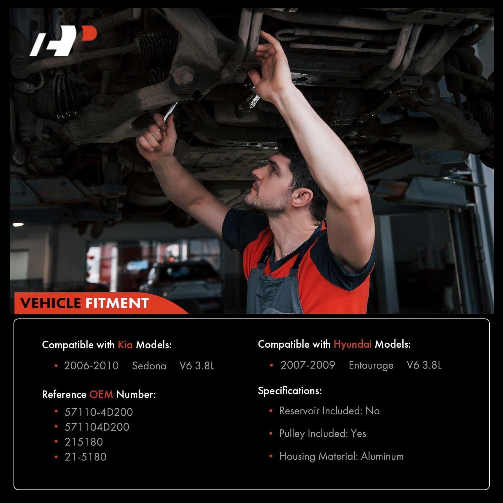 A-Premium Power Steering Pump, With Pulley, Compatible With Kia Sedona 2006-2010 & Hyundai Entourage 2007-2009, 3.8L, Replace # 571104D200, Spk009