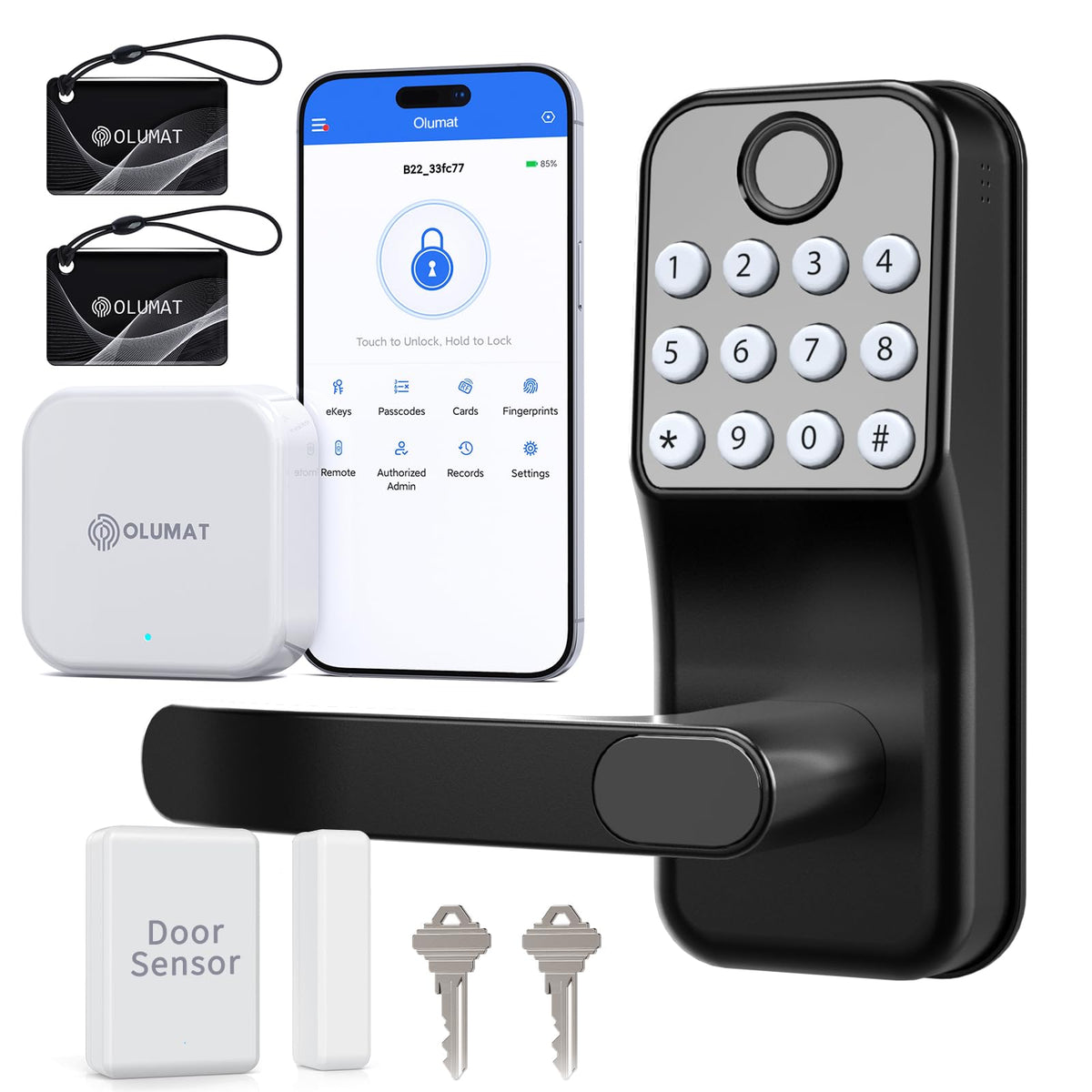 Smart Door Lock With Handle: Keyless Entry Door Lock With Gateway Door Sensor - Wi-Fi Keypad Smart Door Lock - Remote Control Lock For Front Door - Compatible With Alexa (Black)