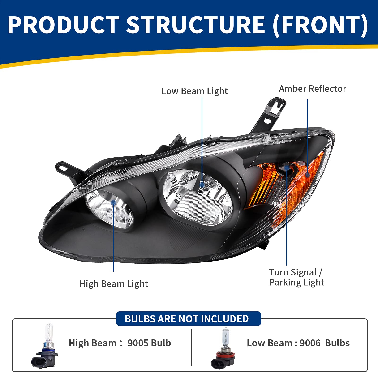Autosaver88 Headlight Assembly Compatible With 2003 2004 2005 2006 2007 2008 Corolla Replacement Headlamp Pair Black Housing Amb
