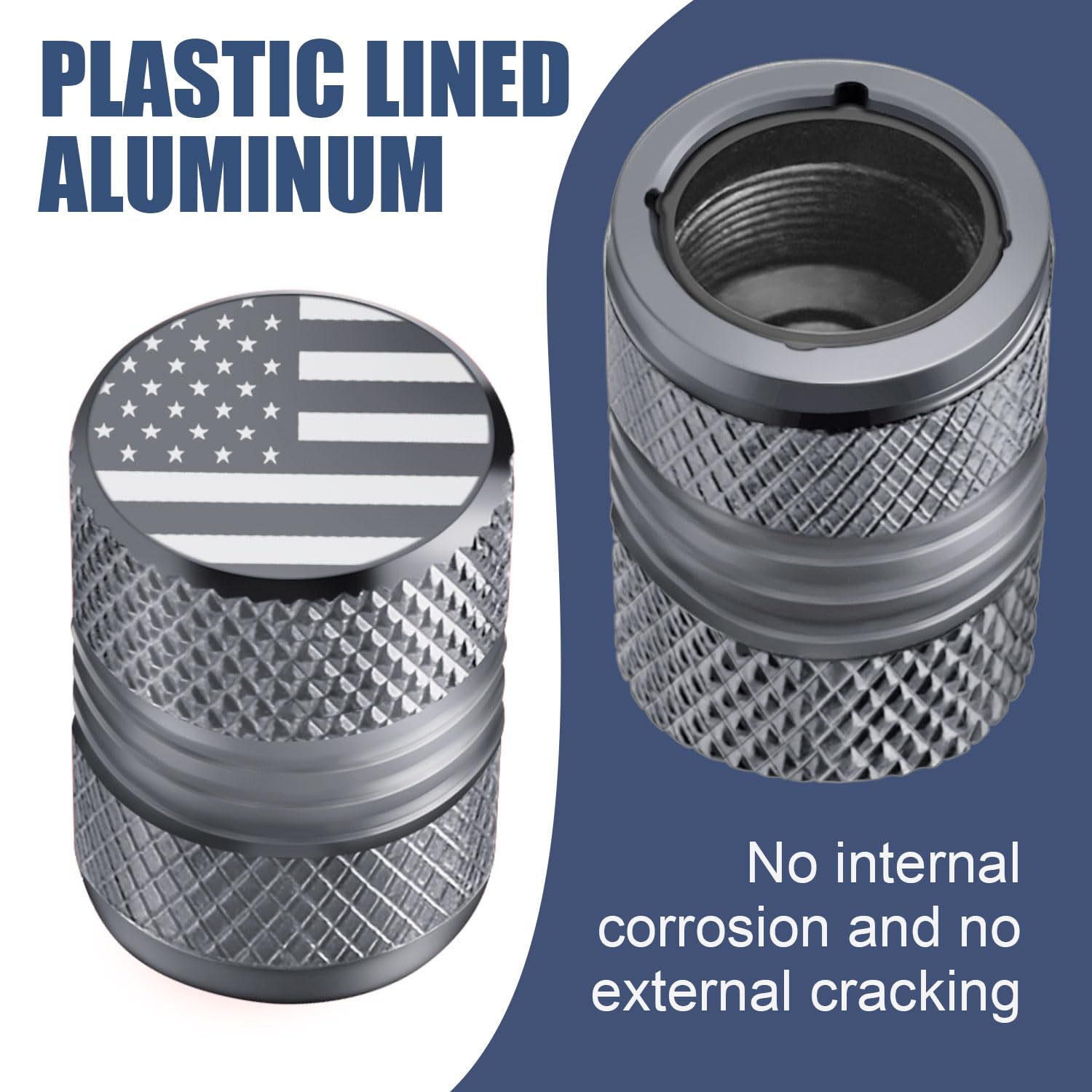 Tire Valve Stem Caps - 4 Pack Anti-Corrosion Premium Anodized Alloy Tyre Air Valve Caps American Flag For Car Suv Bike Grey