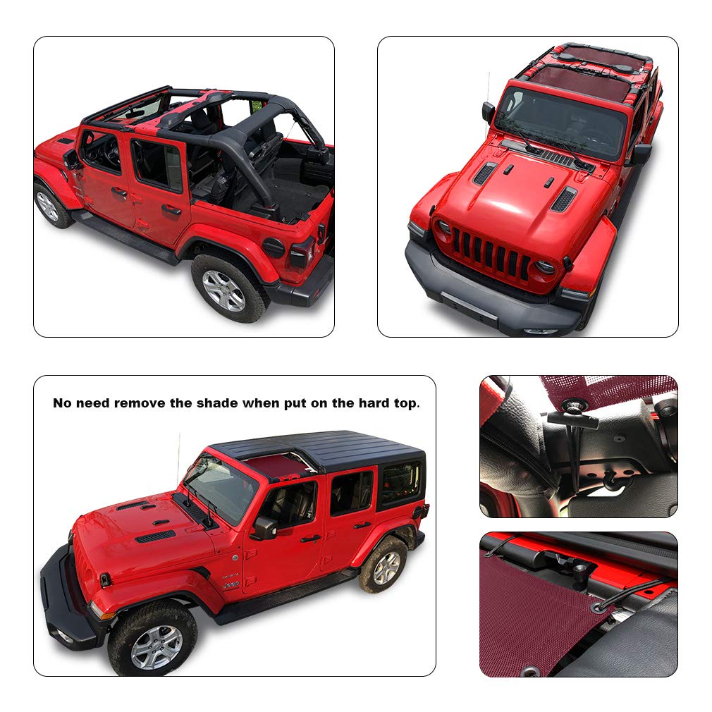 Shadeidea Sun Shade Top For Jeep Wrangler, Jl (2018-2023) 4 Door Top Sunshade, Front & Rear - Wine Red Jlu Mesh Screen Cover, Uv