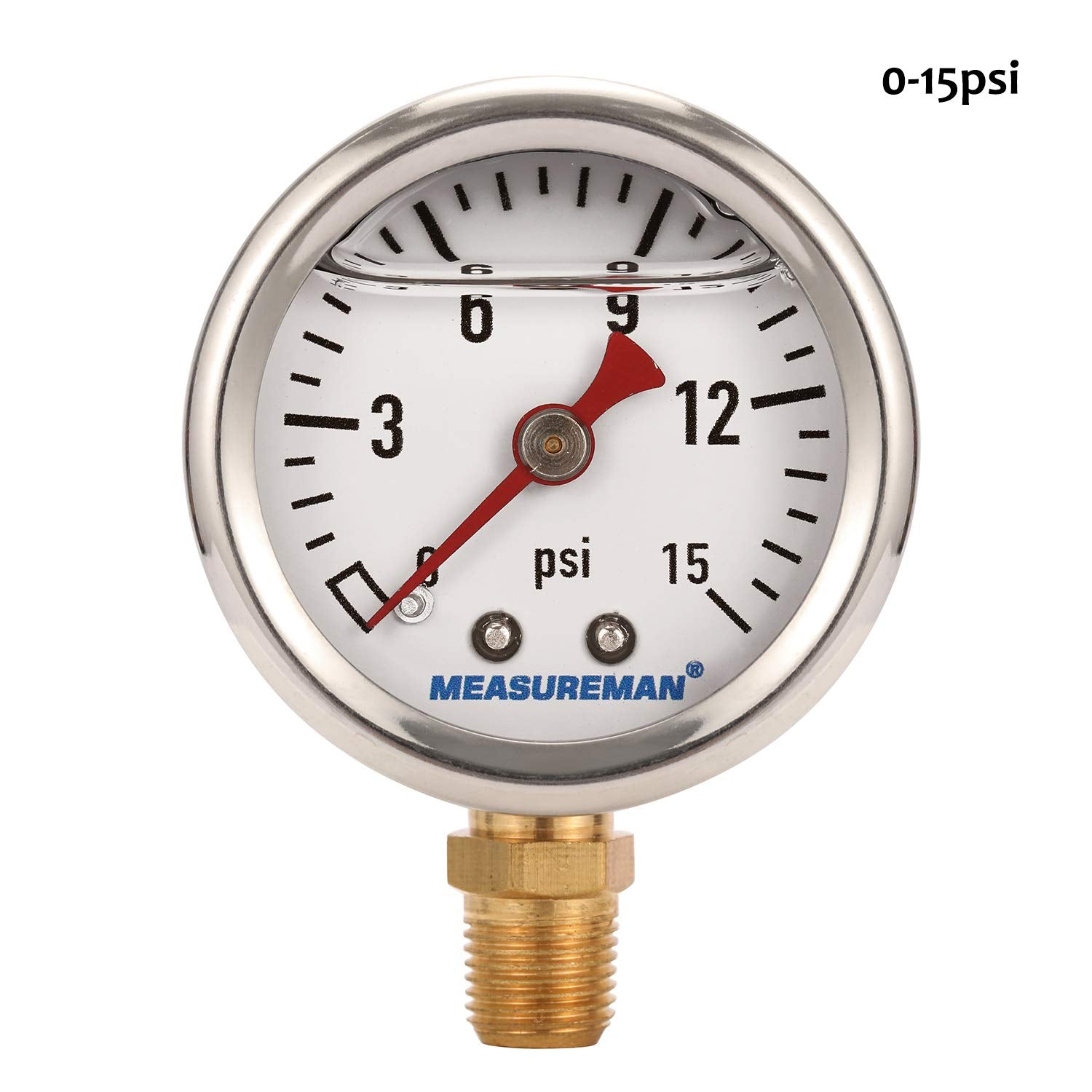 Measureman 1-1/2 '' Dial Size, Glycerin Filled Fuel Pressure Gauge, 304 Stainless Steel Case, 0-15Psi, +/-3-2-3%, 1/8 '' Npt Low