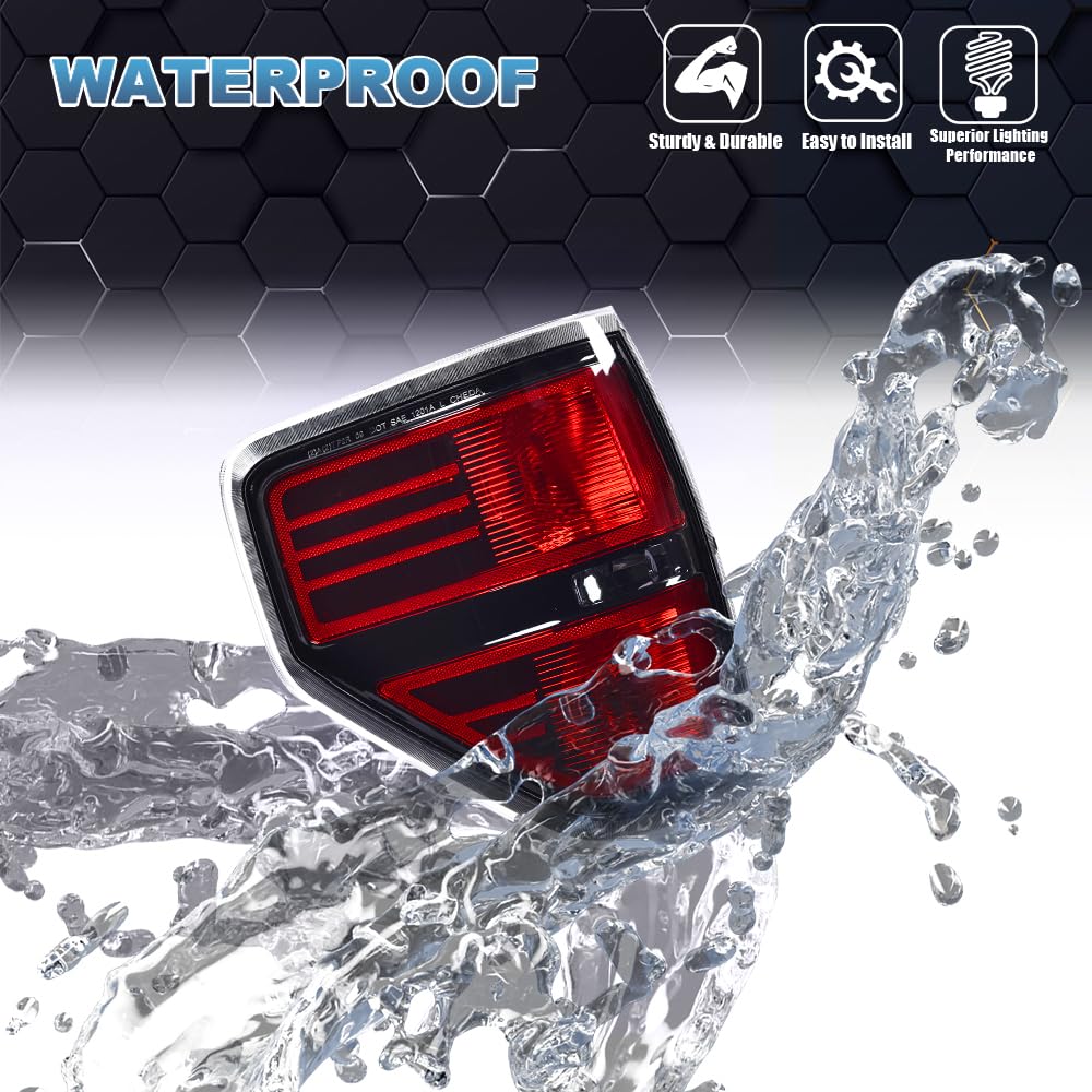 Pit66 Tail Lights, Compatible With 2009 2010 2011 2012 2013 2014 Ford F150 Pickup Svt,Black Lens Chrome Trim Rear Brake Lamp Acc