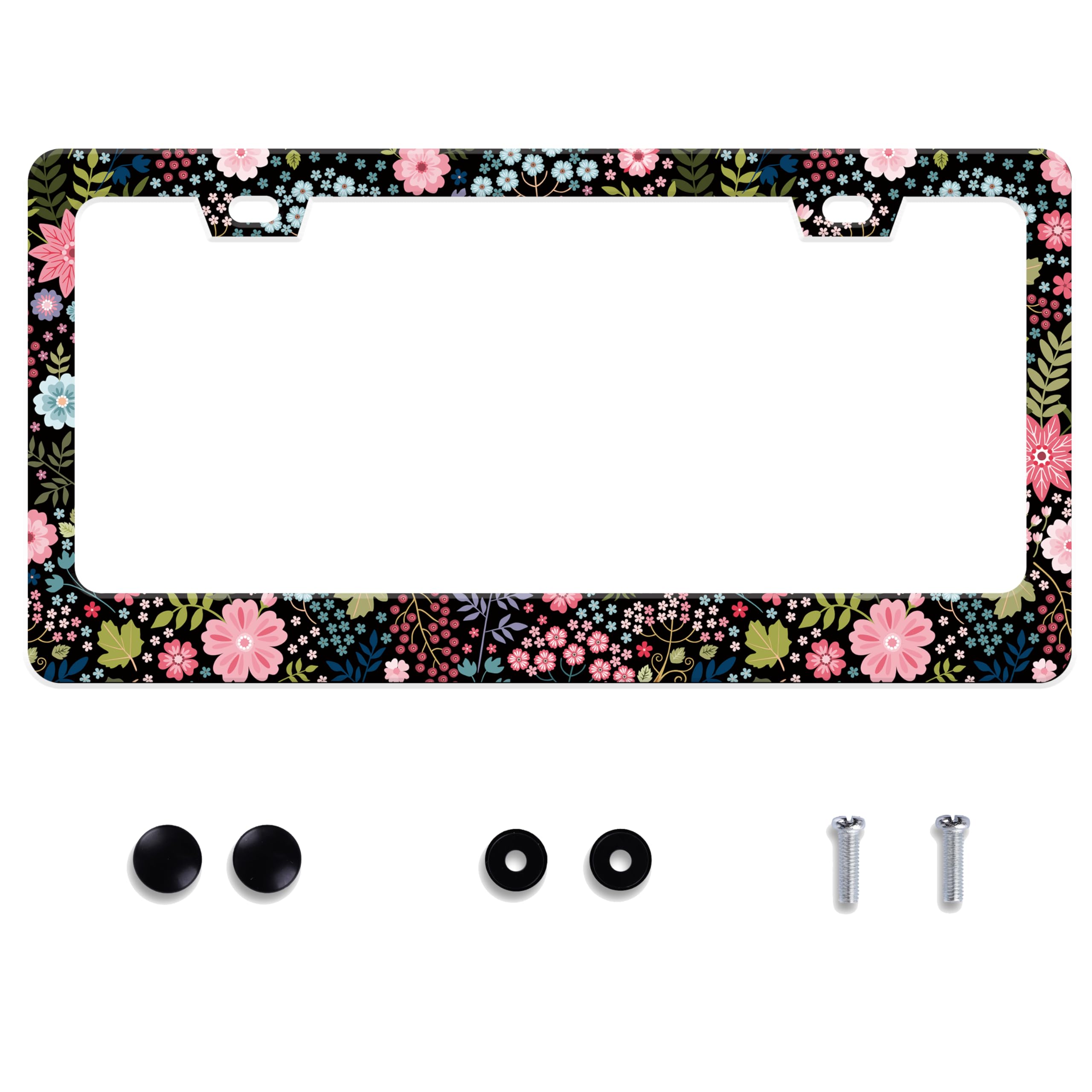 Floral License Plate Frame Beautiful Flower Stainless Steel License Plate Frame Auto Parts Decoration with Screws License Plate 