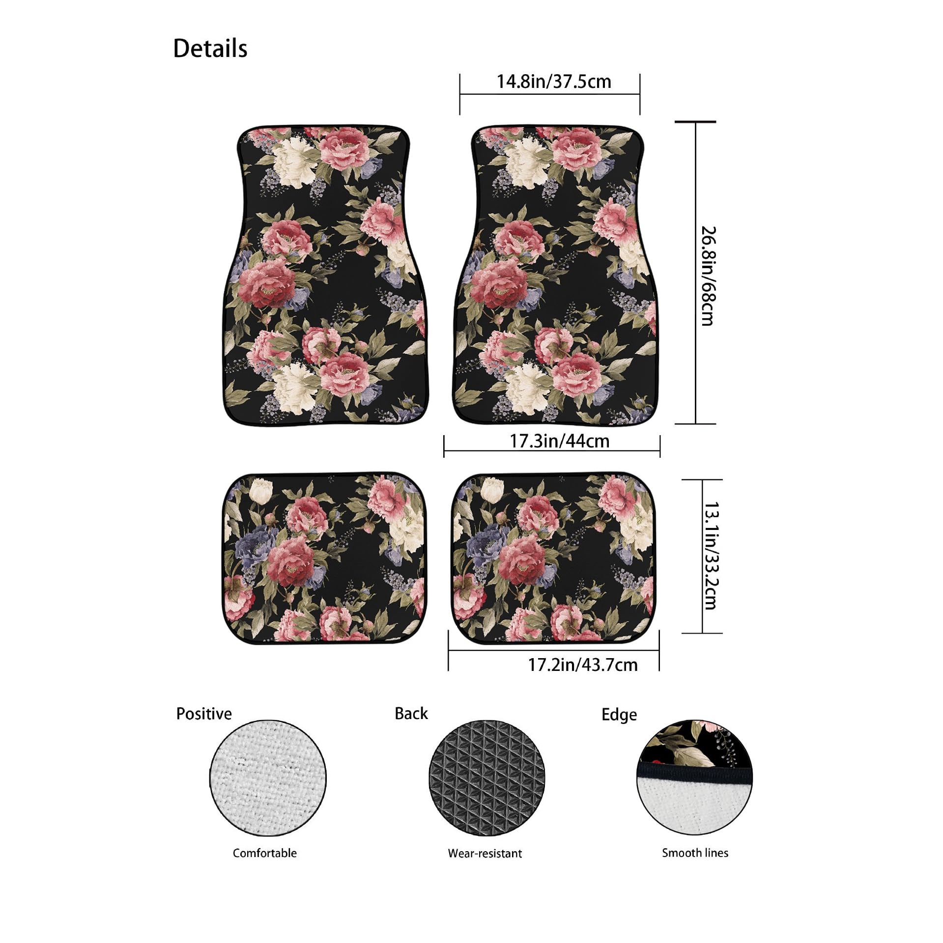 Dark Vintage Floral Flowers Print Car Floor Mats Set of 4,Seamless Floral Pattern with Peonies Watercolor Vehicle Front Rear Car