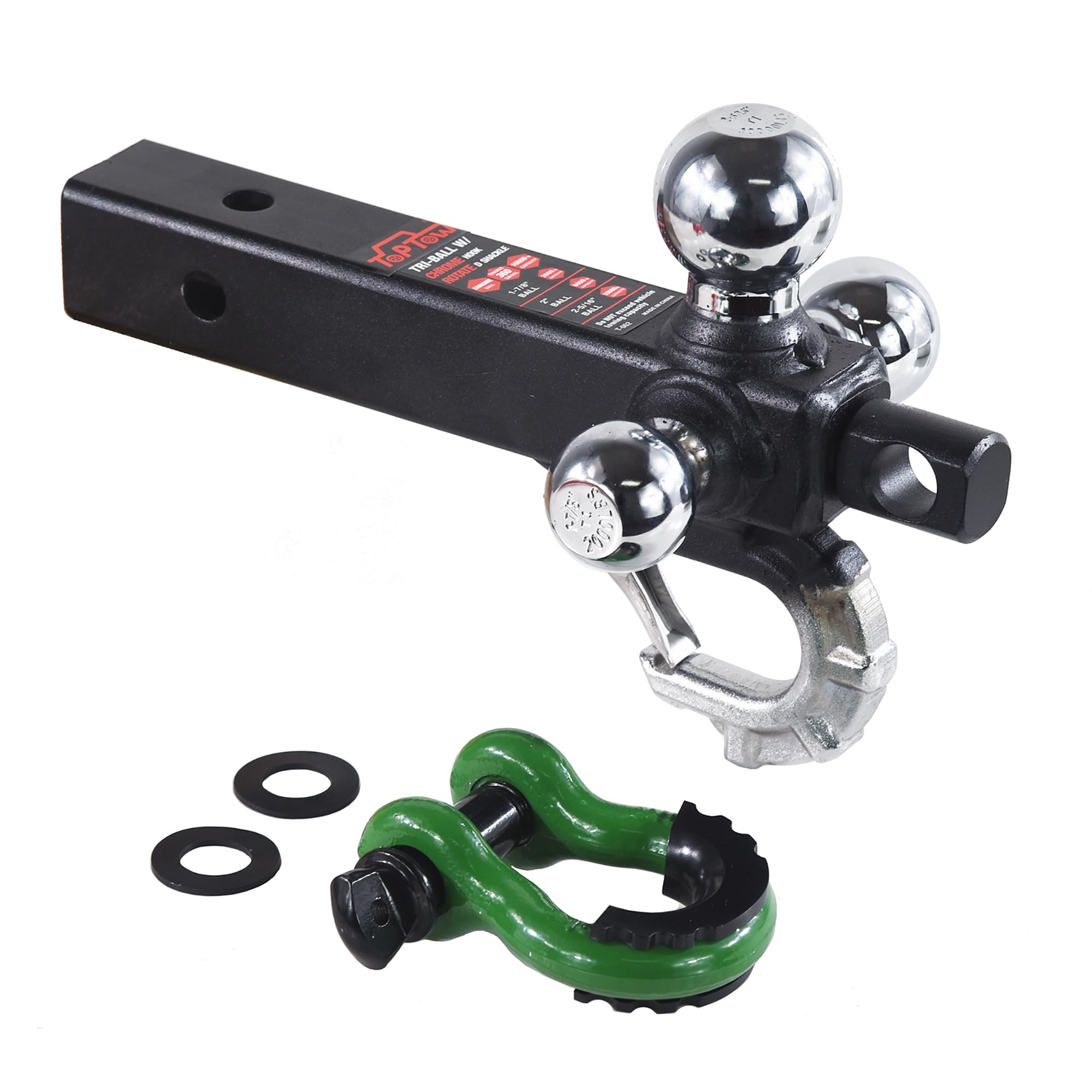 TOPTOW Trailer Hitch with Grey Recovery Shackle Ball Hitch Mount w/Chrome Triple Tow Ball, 2-in Shank, Multi Fit for 2 inch Trai