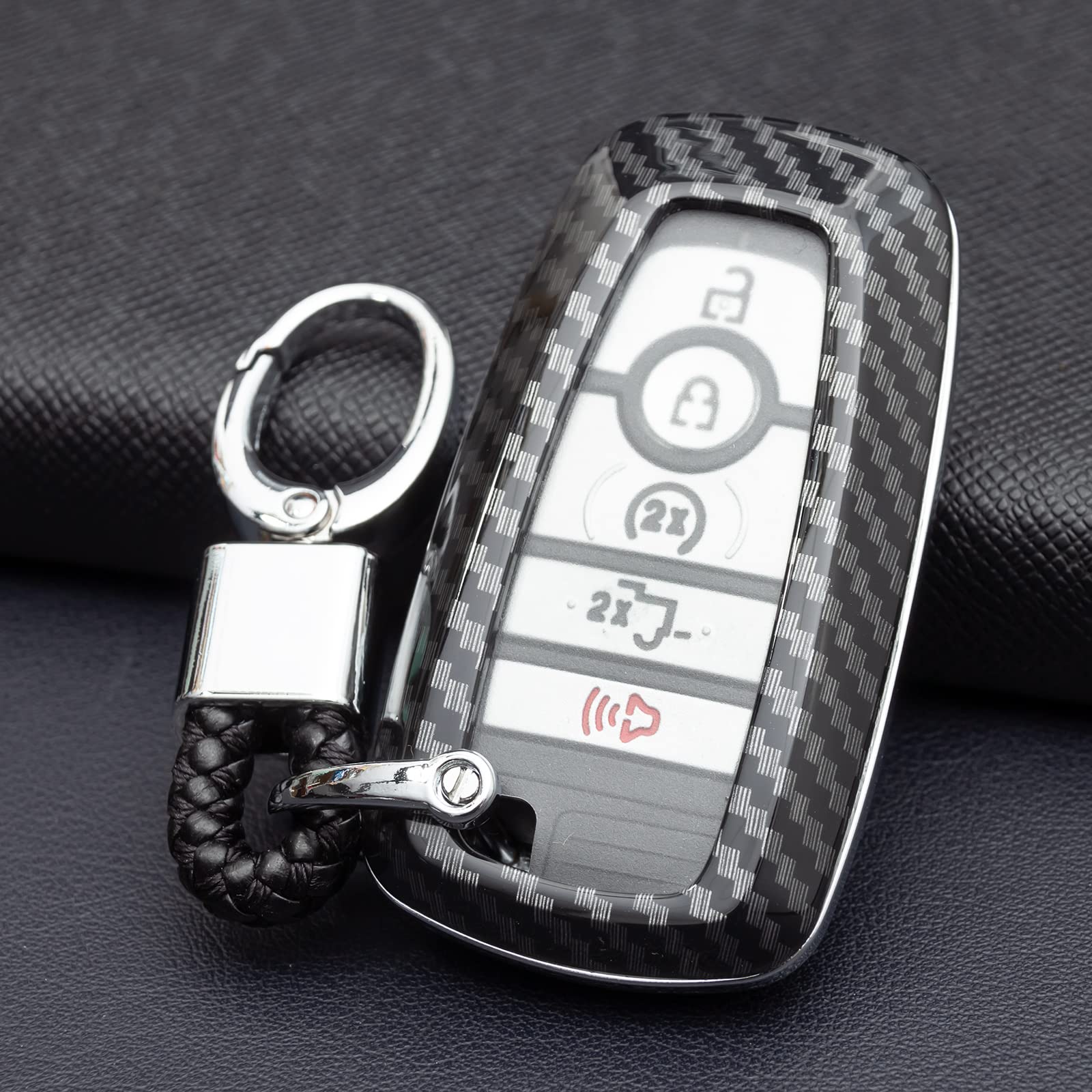 Mihumimo Carbon Fiber Car Key Fob Cover Case Chain Compatible With Ford F-150 Raptor Explorer Escape Fusion Bronco Sport Edge Li
