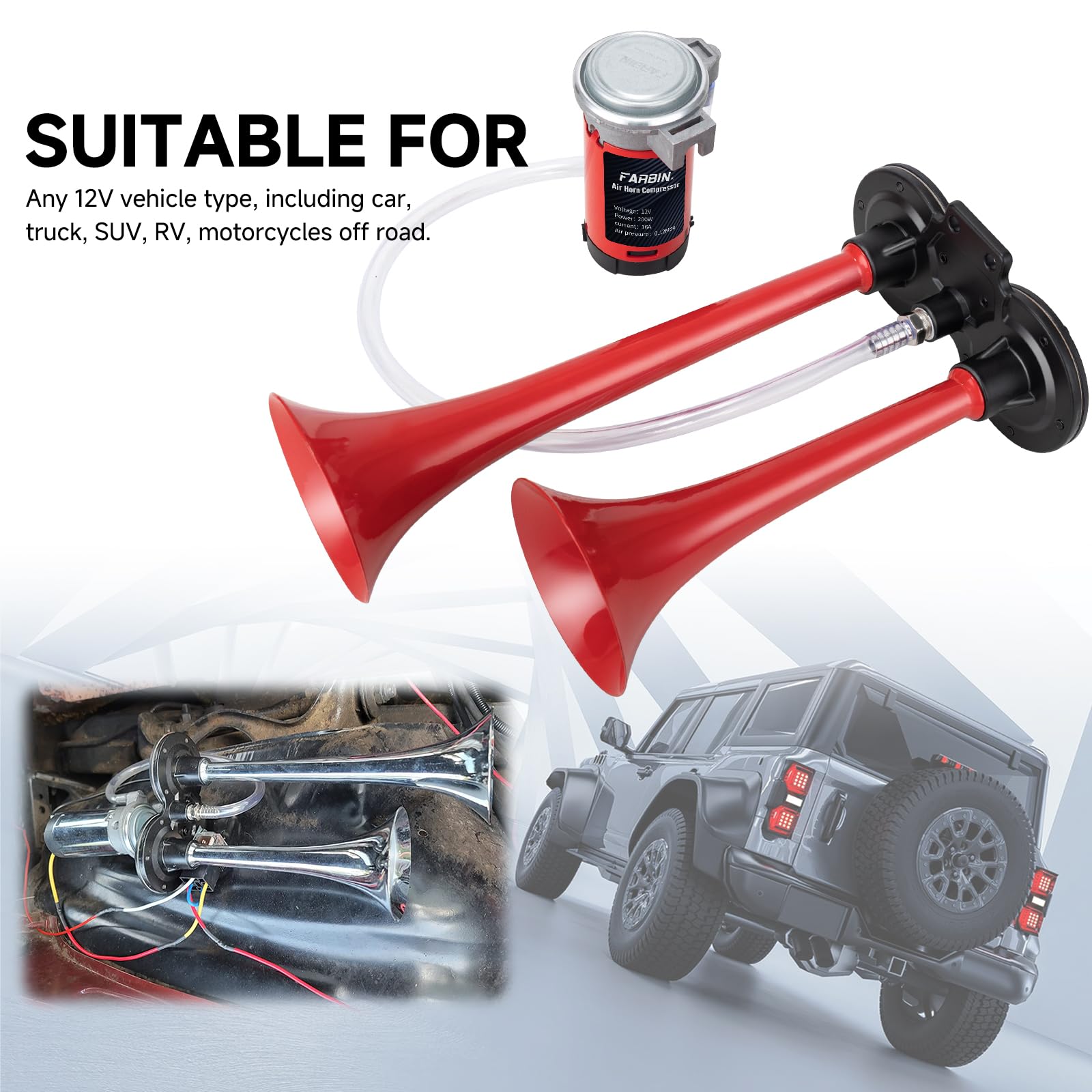 Farbin Train Horn For Truck 12V Car Horn Super Loud Air Horn 150Db Dual Trumpet Truck Horns Kit With Compressor And Relay Wiring