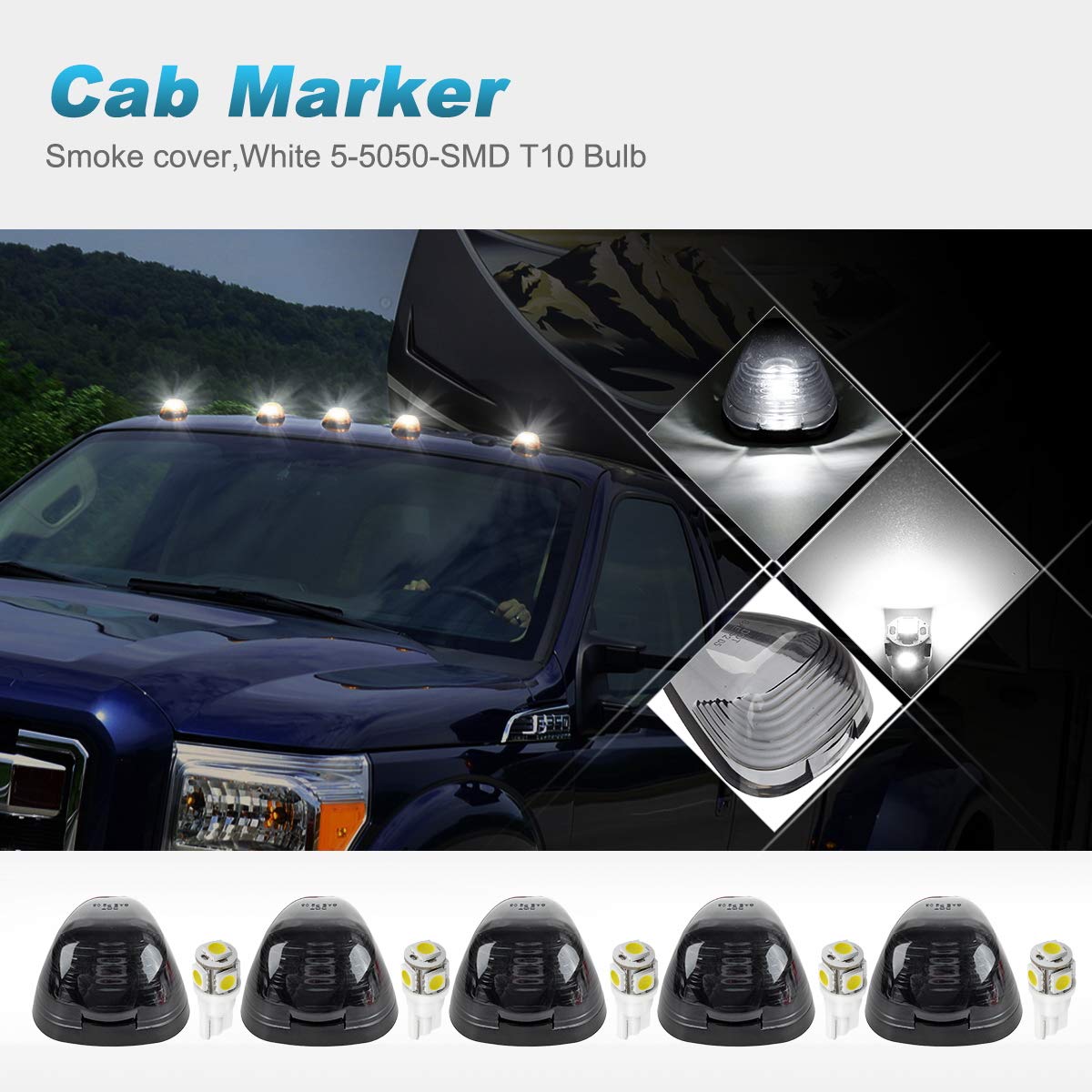 Partsam 5X Black Smoke Lens Cab Roof Marker Running Lamps w/White LED Lights Compatible with Ford F150 F250 F350 F450 F550 F650