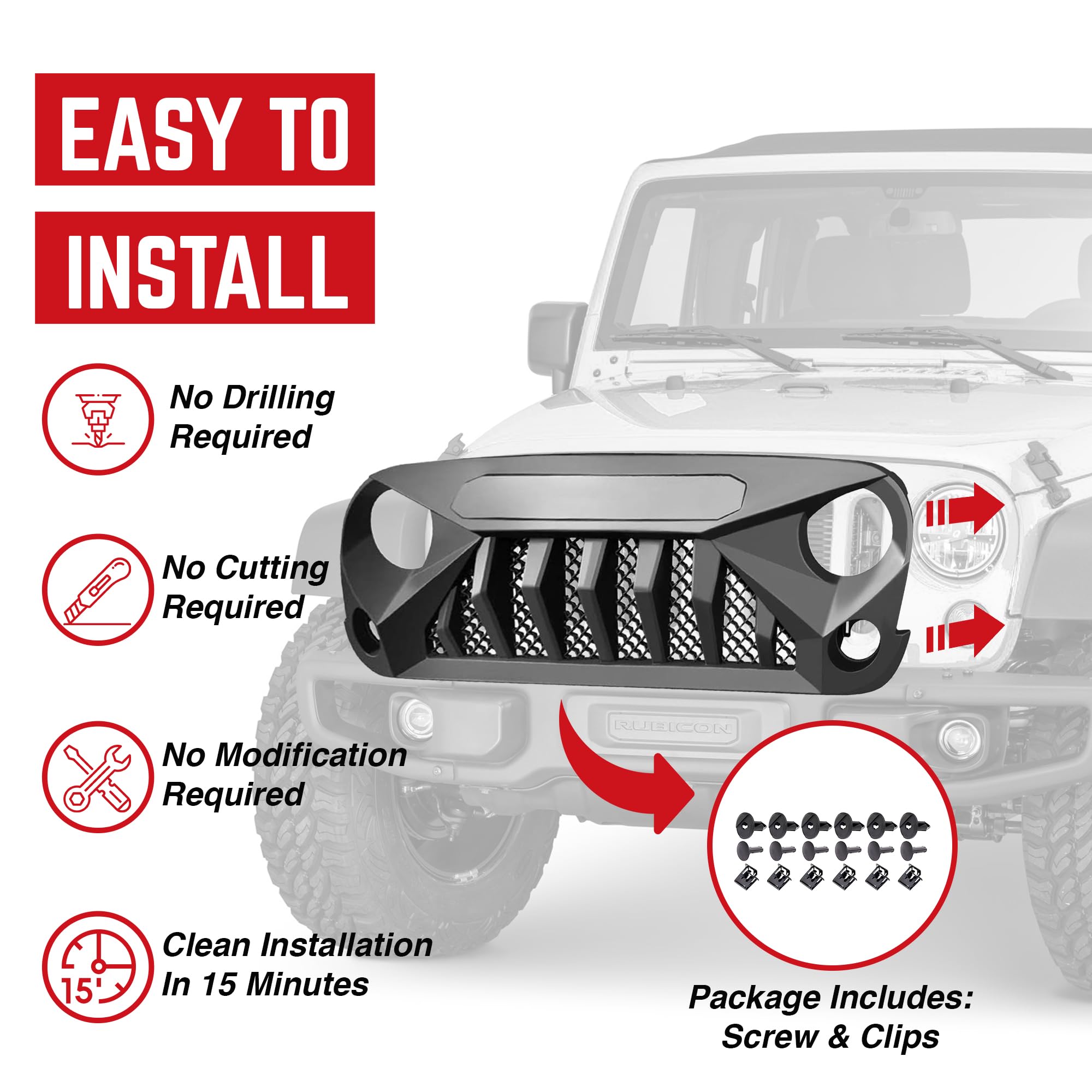 American Modified Gladiator Vader Easy Installation Front Grille Cover Compatible With Jeep Wrangler 2007 To 2018, Jk/Jku, Rubic