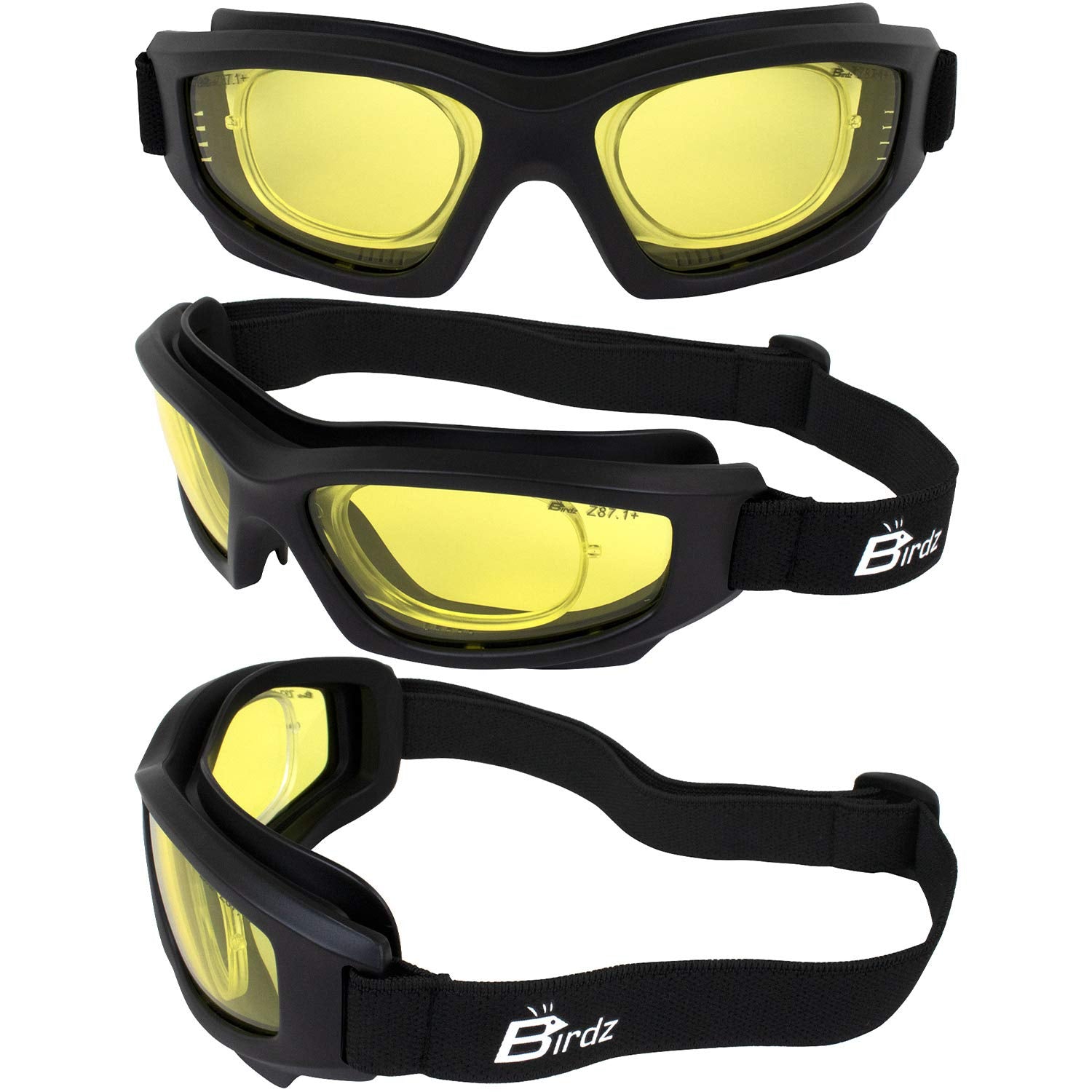 Birdz Flyer Sports Skydiving Construction Safety Goggles Black Frame With Yellow Anti-Fog Lens Rx Adapt (Yellow)