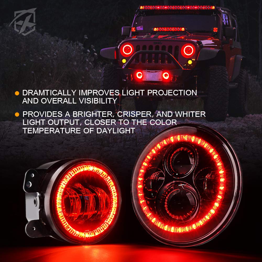 Xprite 7'' 90W Led Headlights & 4 Inch 60W Fog Lights Combo W/Red Halo Compatible With 2007-2018 Jeep Wrangler Jk, Dot Approved