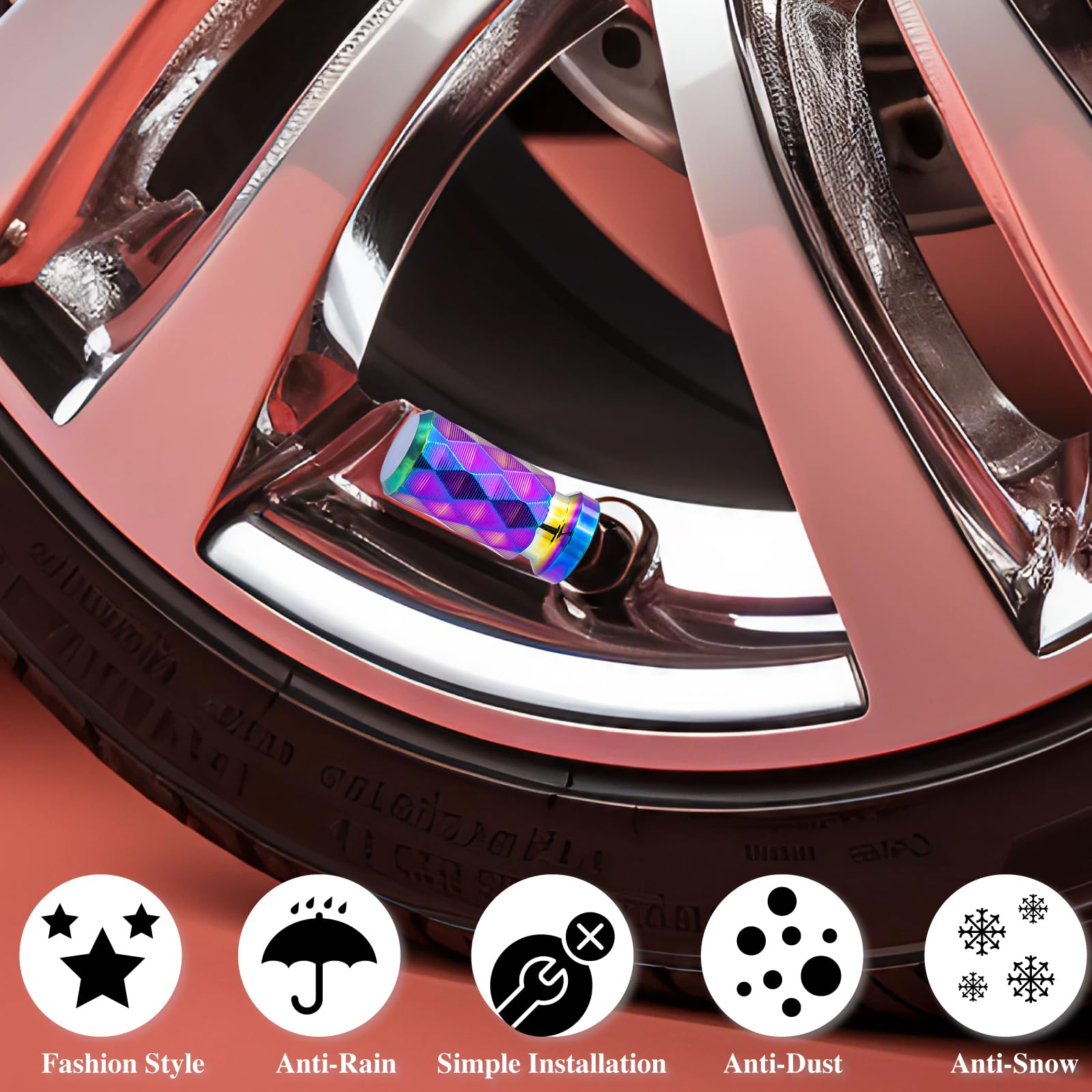 Meajoo 4Pcs Colorful Car Tire Valve Stem Cap, Leak-Proof Tyre Air Valve Caps, Aluminum Alloy Air Leakproof Valve Caps Cover Fits