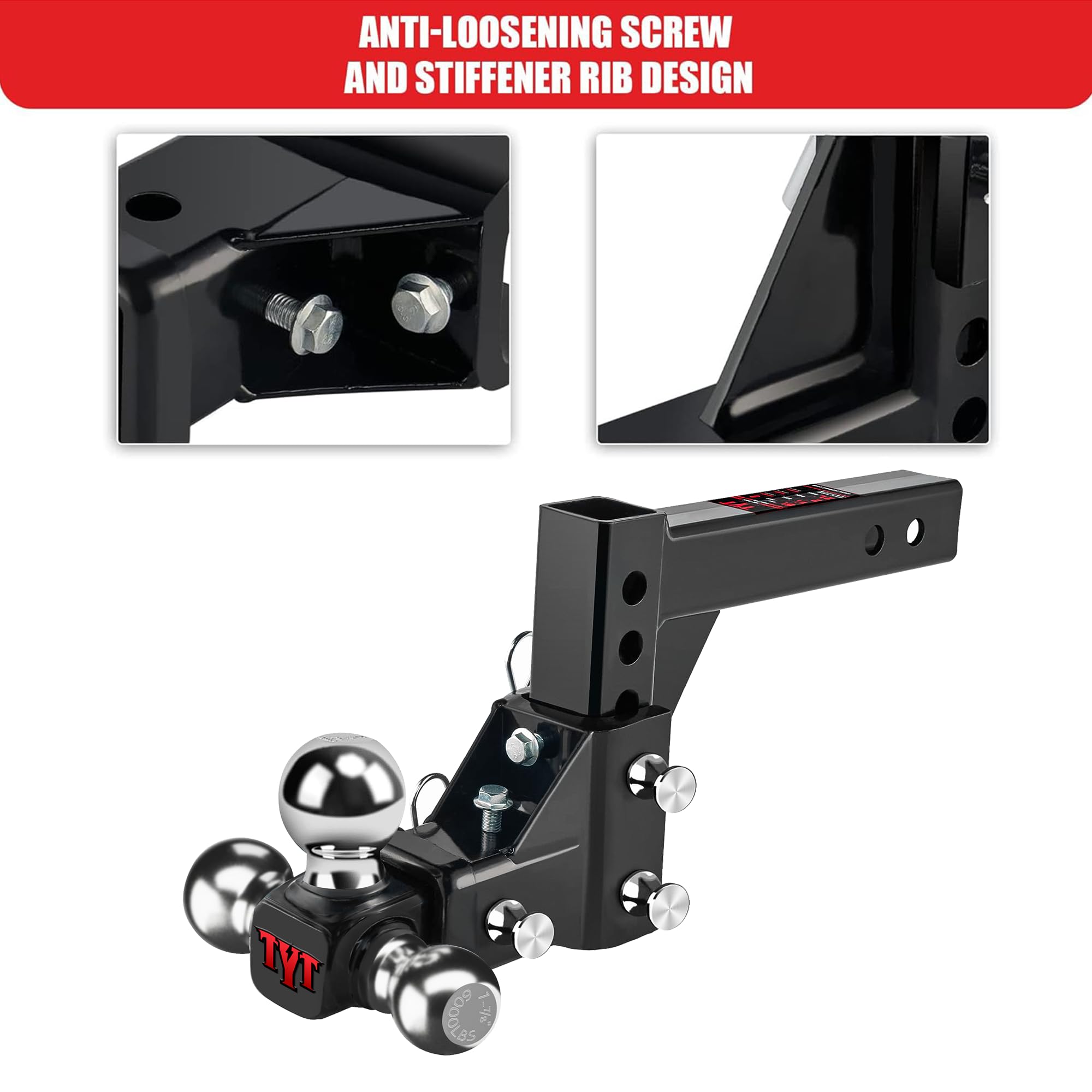 TYT Tri-Ball Adjustable Trailer Hitch Ball Mount, 1-7/8, 2, 2-5/16, 2 Receiver, 5 Rise/Drop,