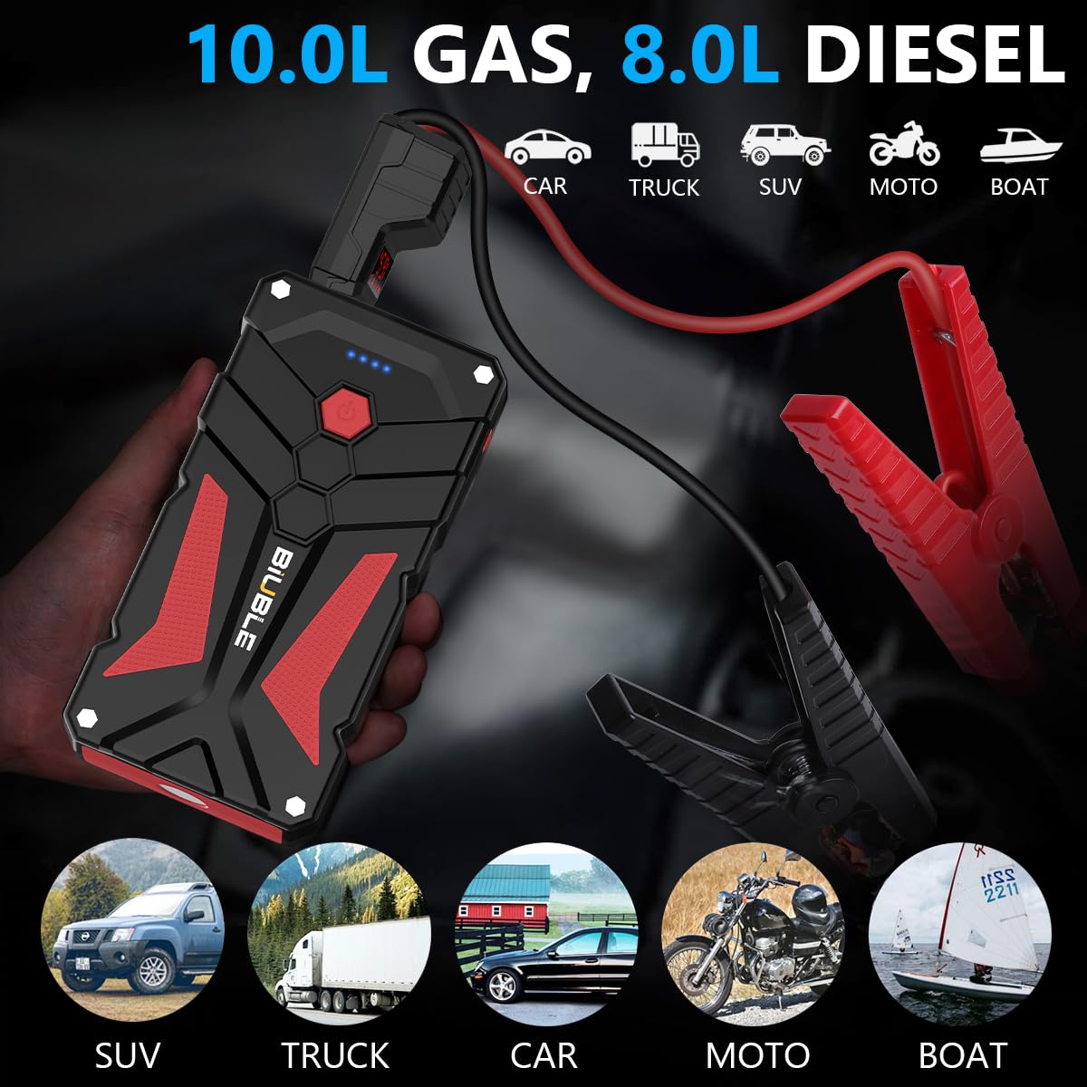 Biuble Car Battery Starter, 6000A Peak 12V Car Auto Jump Starter Power Pack With Usb Quick Charge 3.0 (Up To 10L Gas Or 8.0L Die