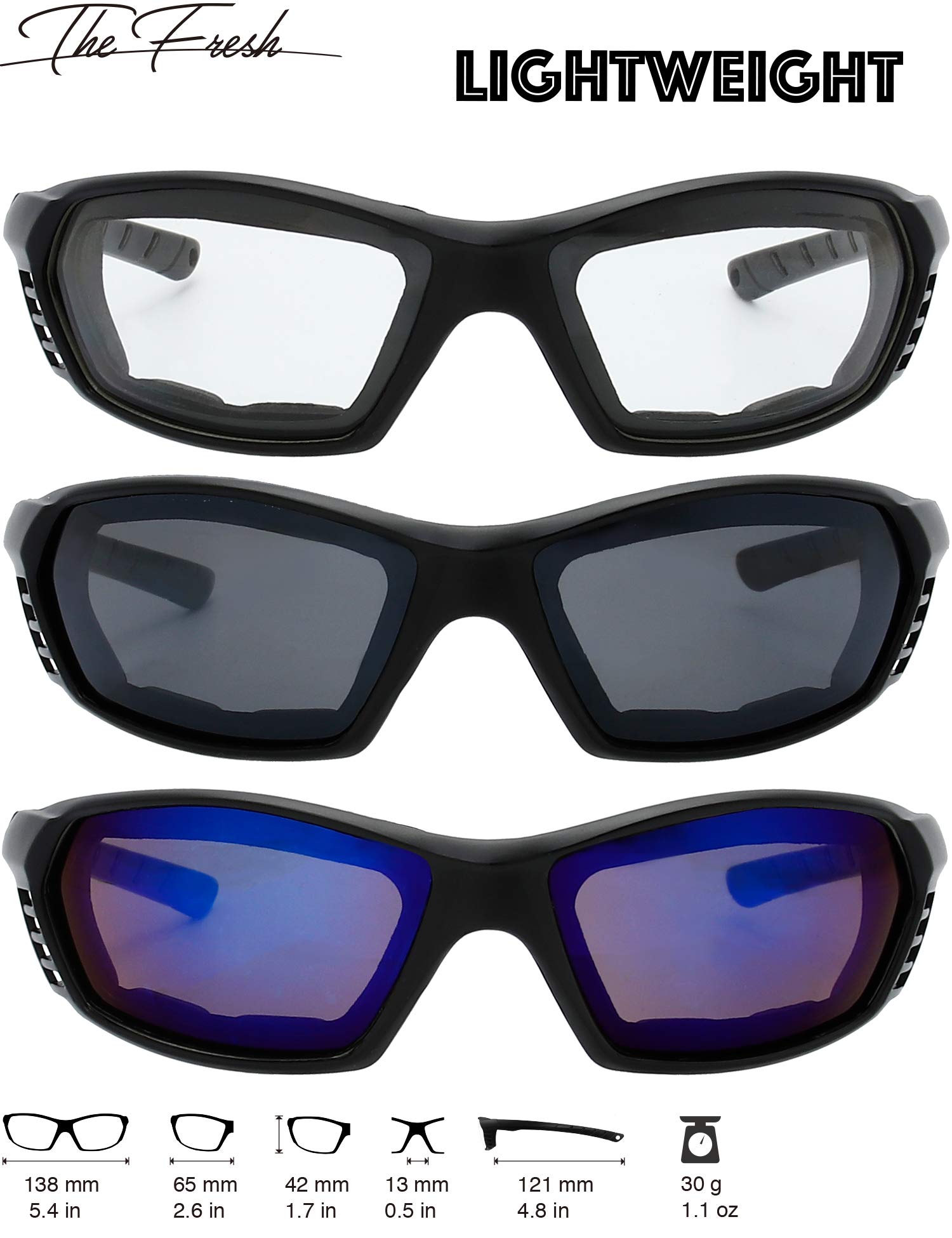 The Fresh Motorcycle Riding Glasses Padded Frame Lens Block 100% Uvb For Outdoor Activity Sport (24M-Matte Black, Clear, Grey, &