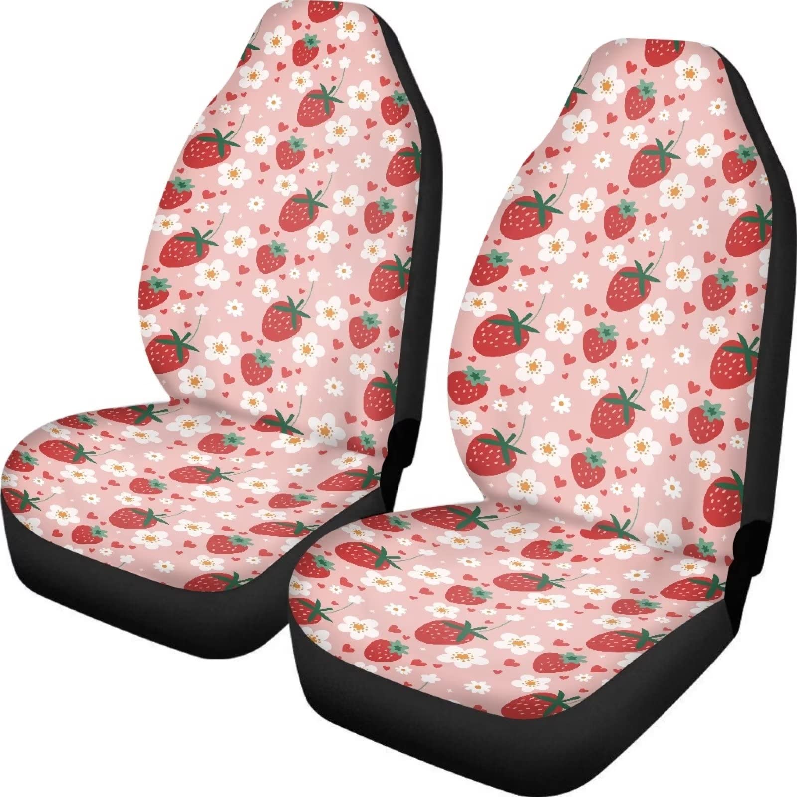 Fuibeng 2 Pcs Strawberry Car Seat Covers Set Pink Heart Daisy Strawberry Auto Front Seat Cushion Breathable Vehicle Bucket Seat