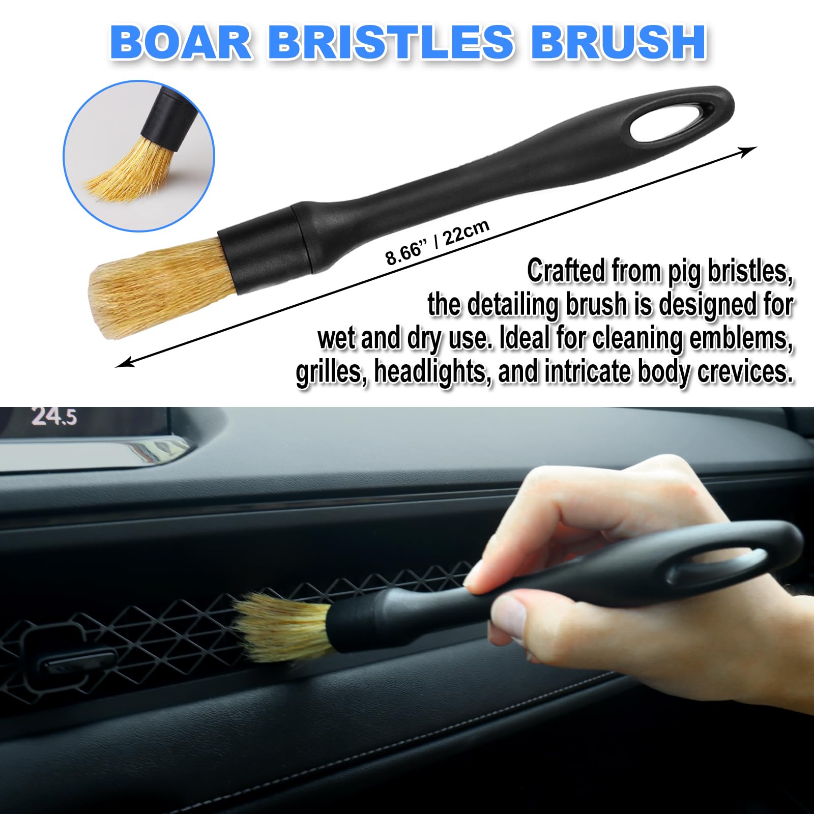 7Pcs Car Detailing Brush Set, Ultra Soft Boars Hair Car Interior Detailing Brushes, Car Interior Detailing Kit, Car Cleaning Gel