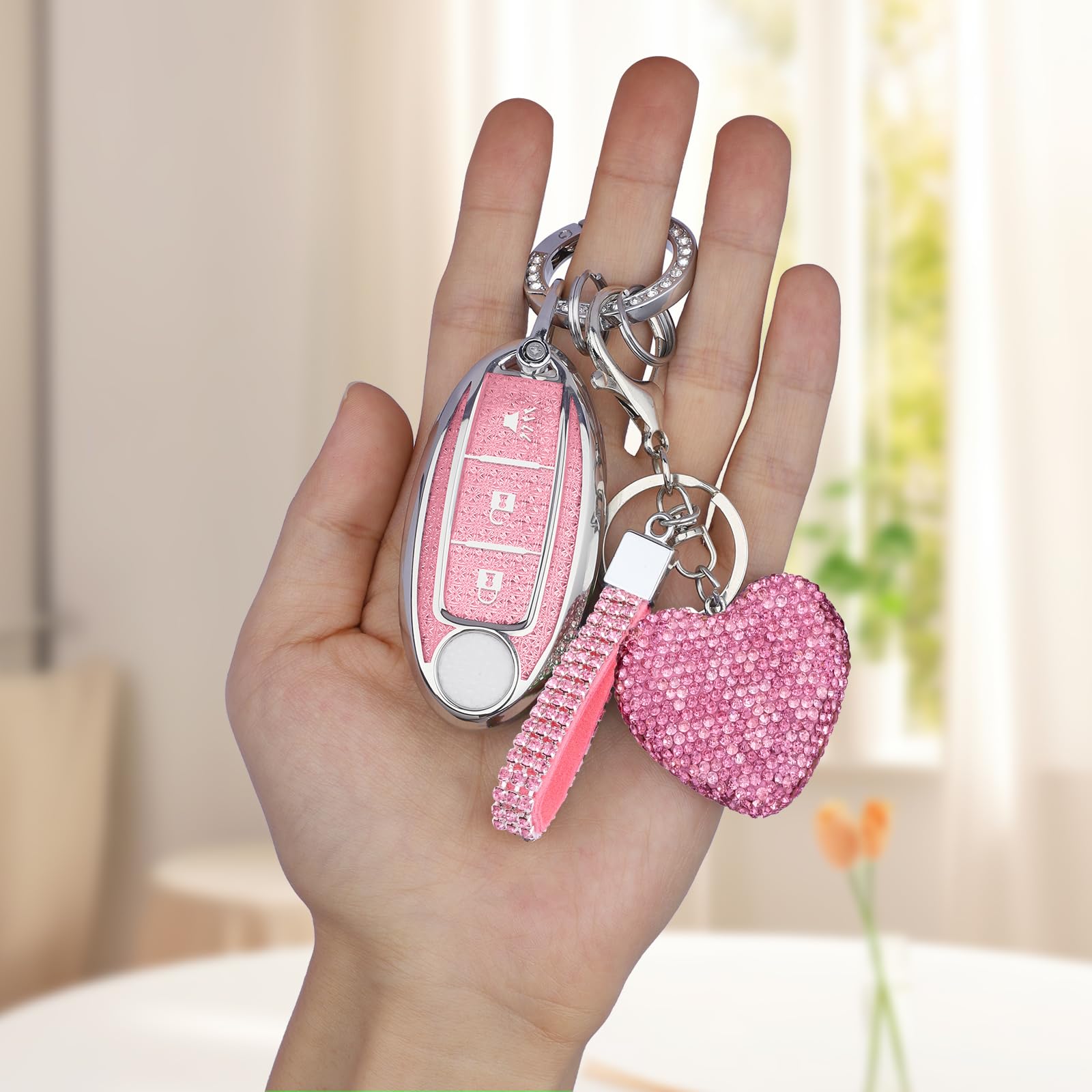 Meruns Compatiable with Nissan 3 Buttons Key fob Cover with Diamond Bling Keychain, Car Accessories Keys Shell TPU for Rogue Arm