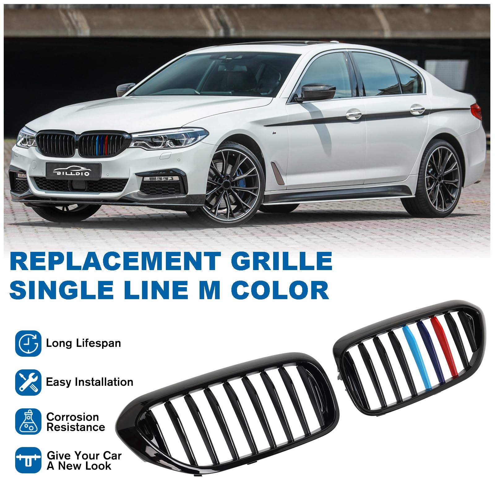 BILLDIO G30 Front Kidney Grille, M Color ABS Gloss Black, Fits 2017-2020 BMW 5 Series 530e/530i/540i/550i