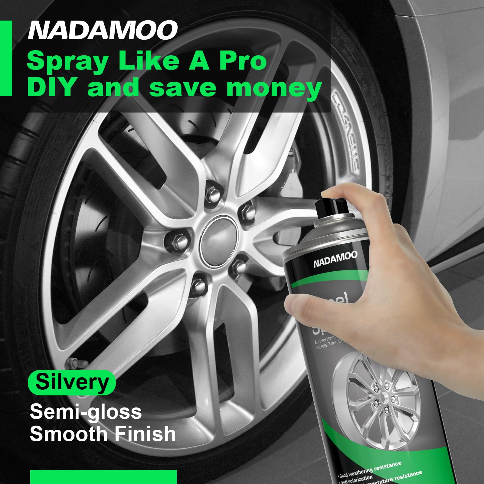 Nadamoo Aluminum Wheel Spray Paint, Semi-Gloss Aerosol Car Rim Paint For Recolor And Protection Of Metal Surface, Silvery, 2 Can