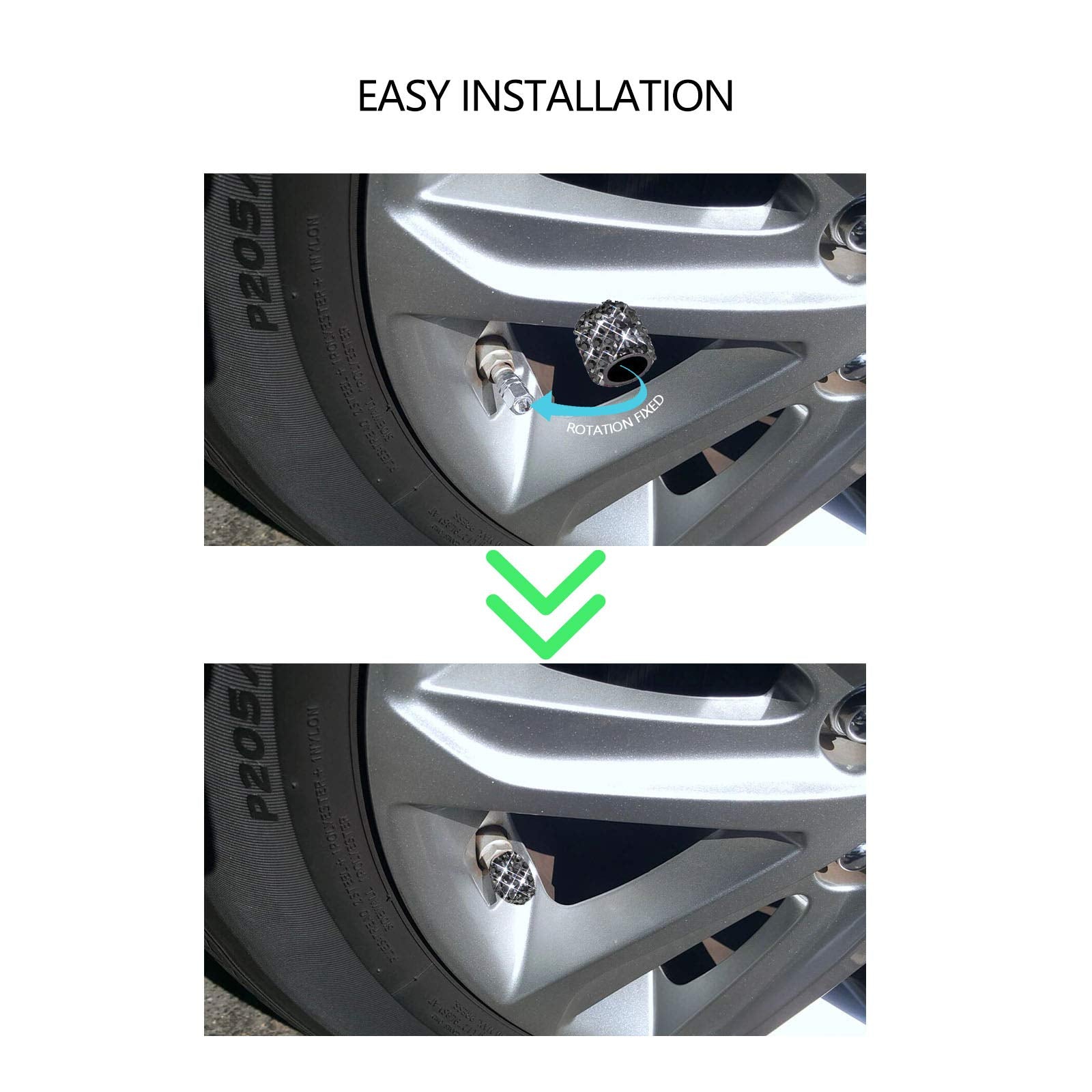 Sikawai Black Bling Valve Stem Caps - Handmade Crystal Rhinestone, Universal Car/Bike Accessories, Dustproof Chrome Finish