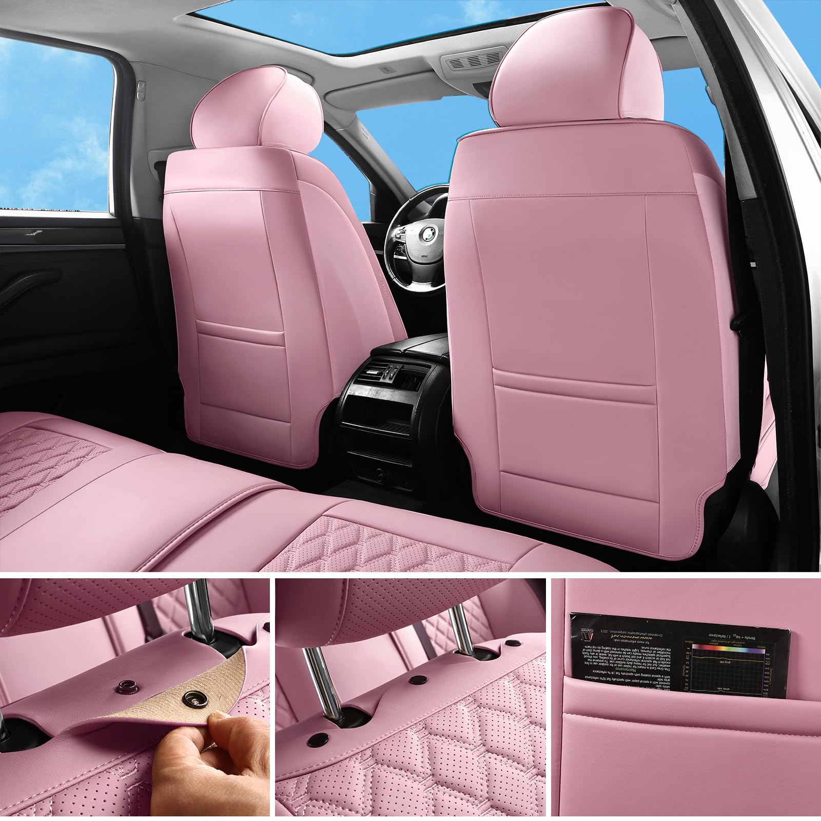 Sxikin Car Seat Covers Full Set Pink, Luxury Faux Leather Car Seat Covers Waterproof Non-Slip Seat Protector Universal Fit For M