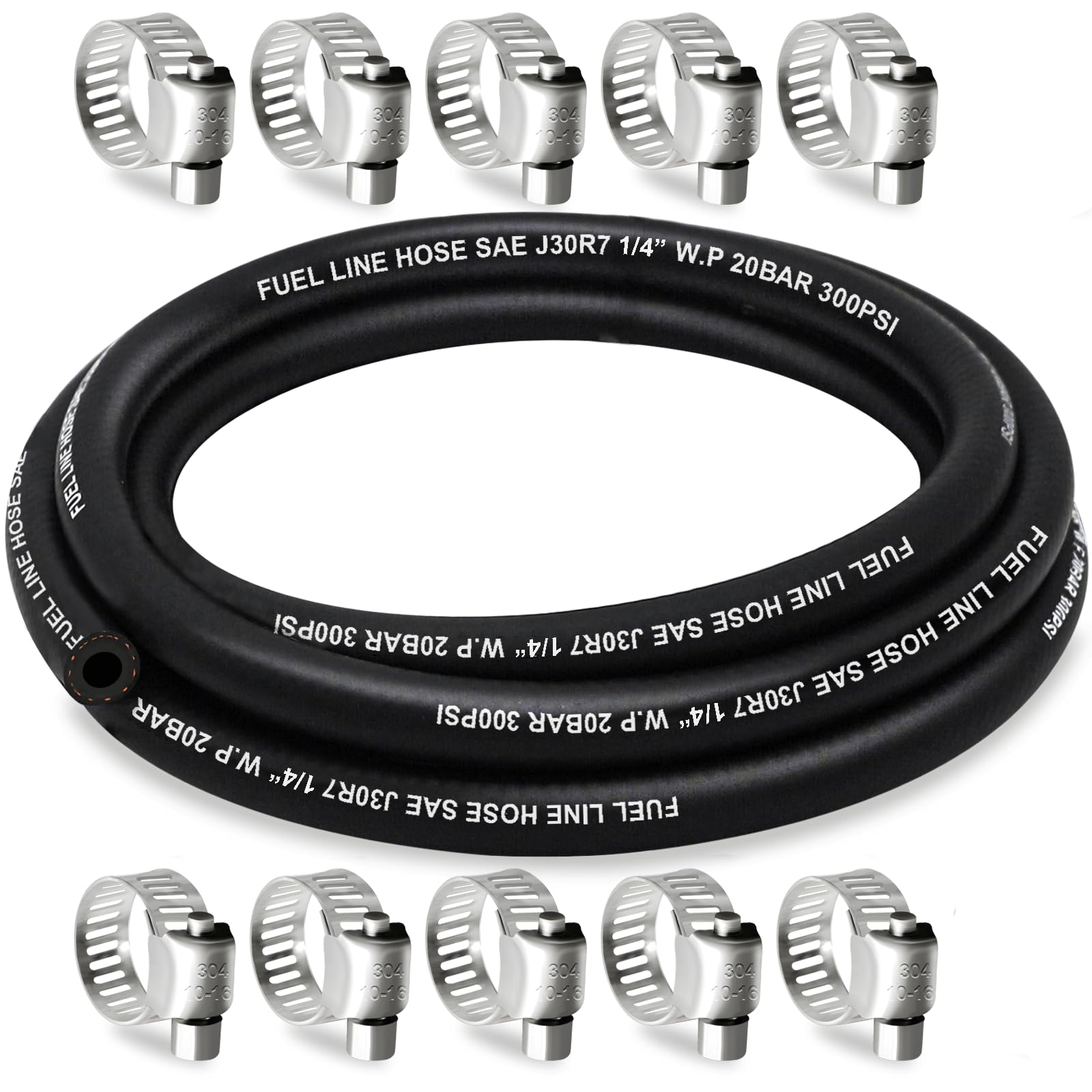 Housun Fuel Line 1/4 Inch Id, Fuel Hose 10Ft, J30R7 Fuel Line Hose Nbr With 10 Clamps.