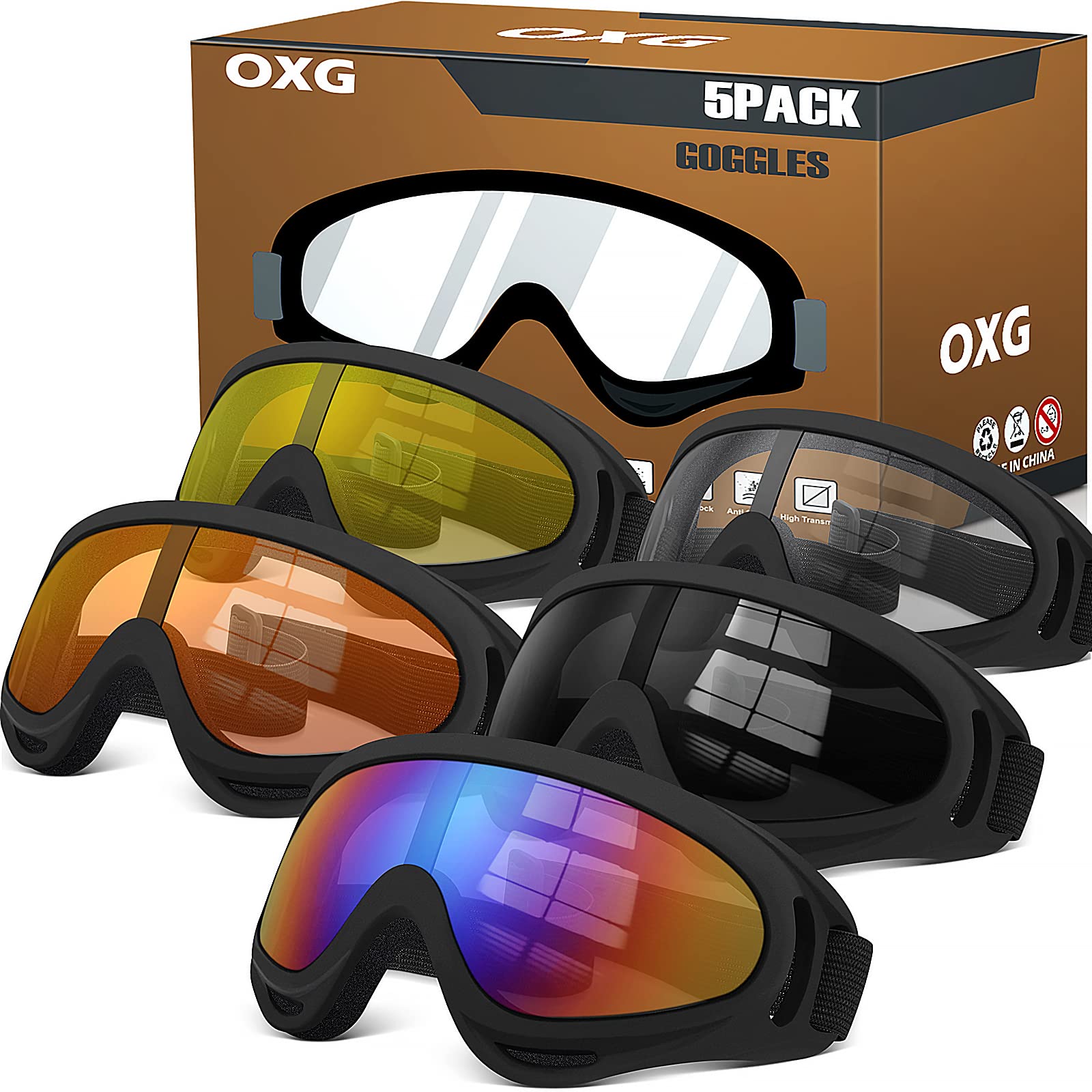 Oxg 5 Pack Motorcycle Goggles For Men Women, Ski Goggles Dirt Bike Atv Goggles Anti-Uv Riding Safety Glasses For Kids Youth